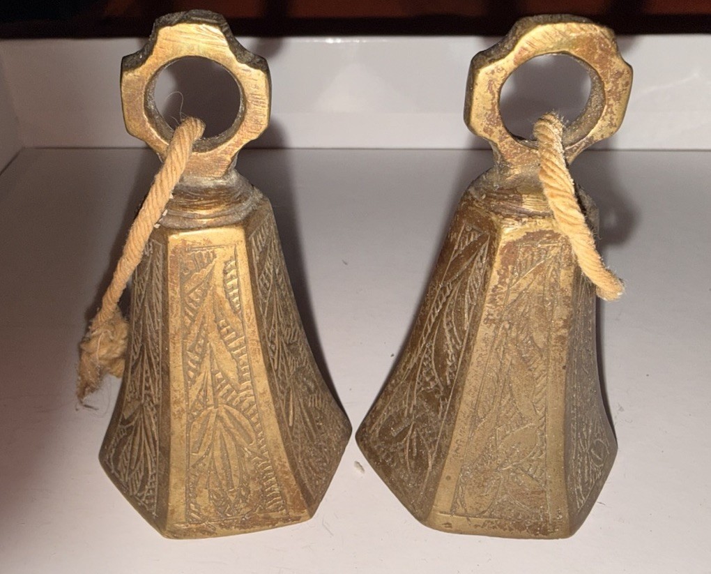 2 India Brass Bell 6 Panel Etched Ornate Leaf Small Vintage mid century