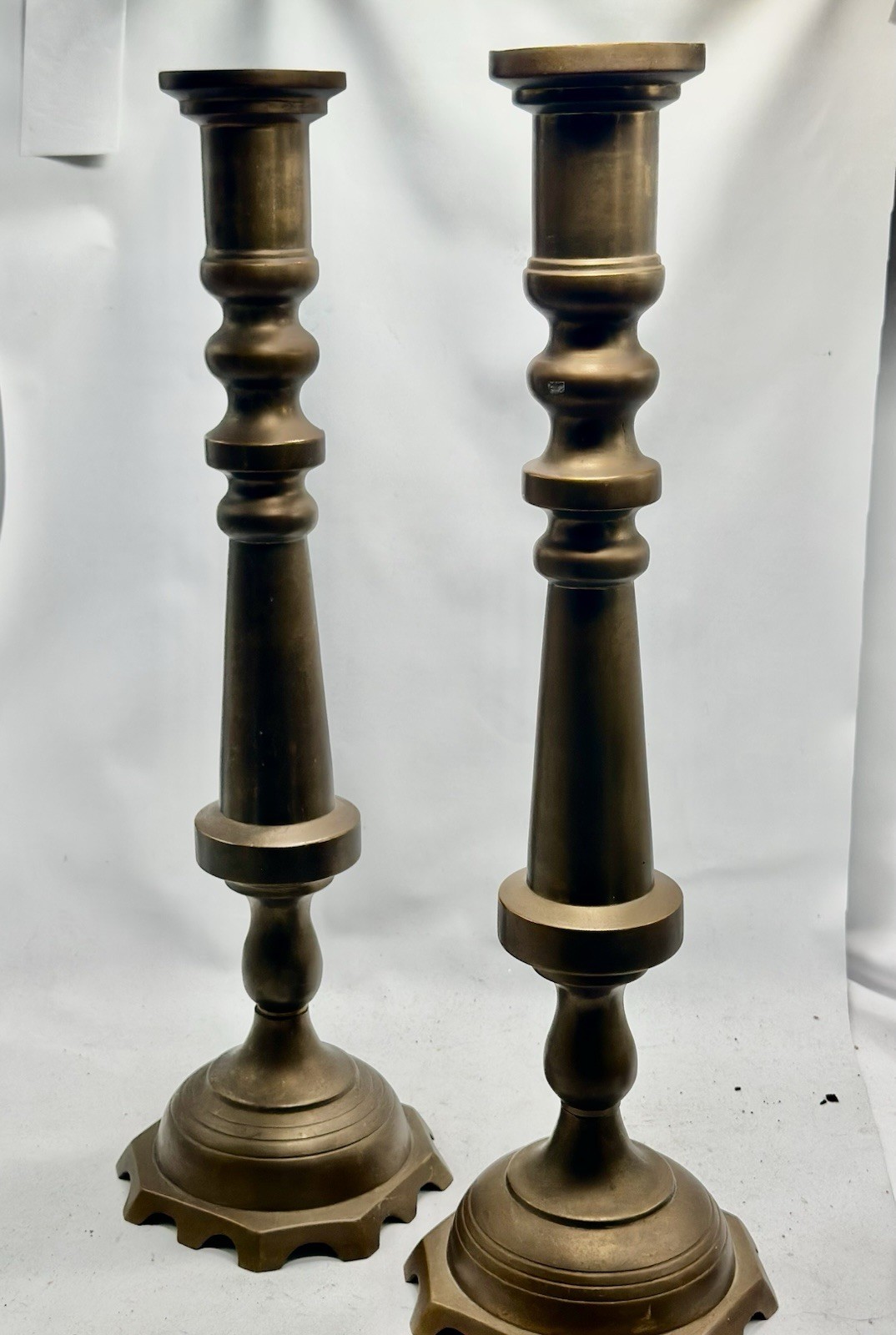 20th Century 19” Pair Heavy Brass Floor Altar Candlestick Candle Holders Wedding