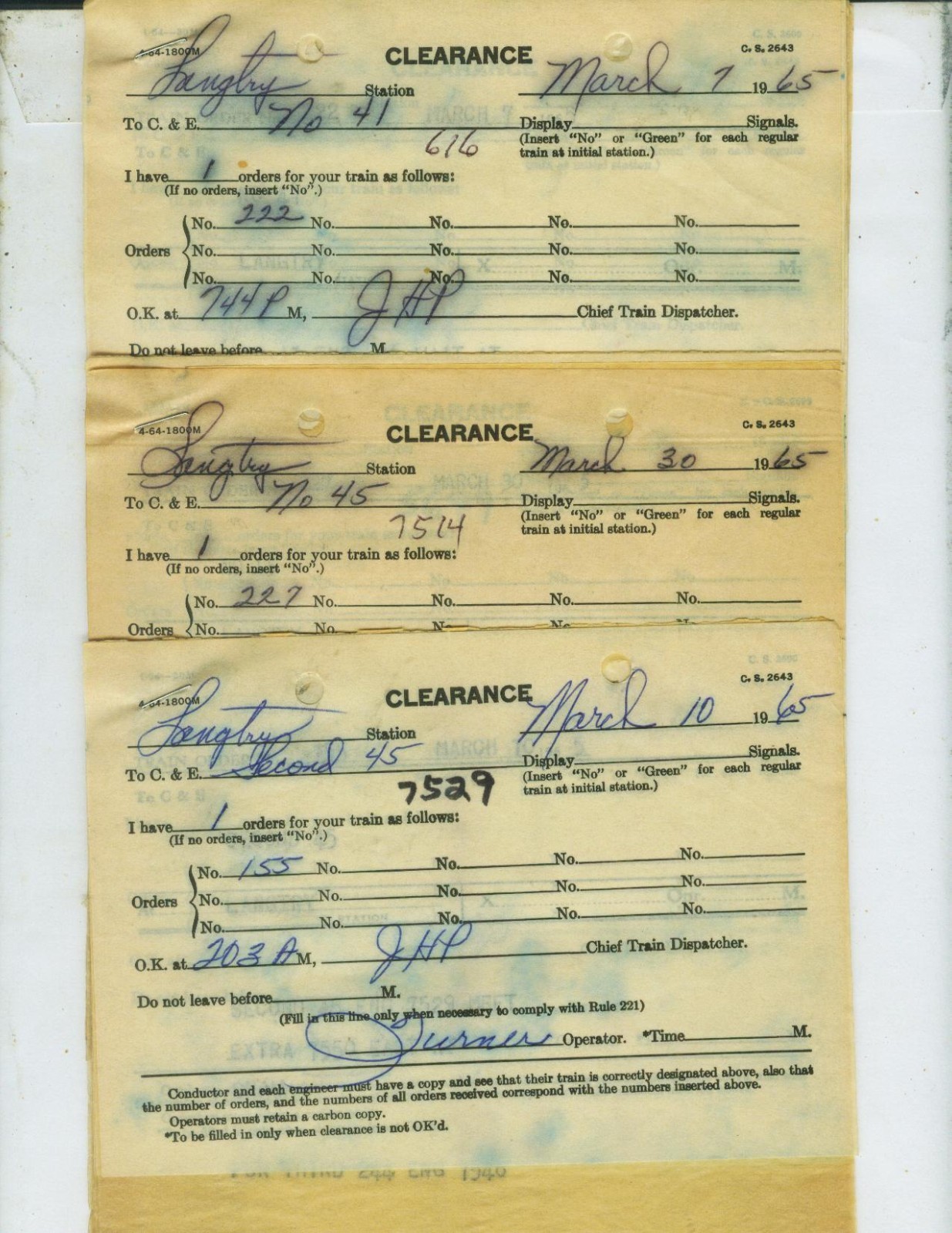 SOUTHERN PACIFIC RY. TRAIN ORDERS (40) LANGTRY, TEXAS  ALL  1965.