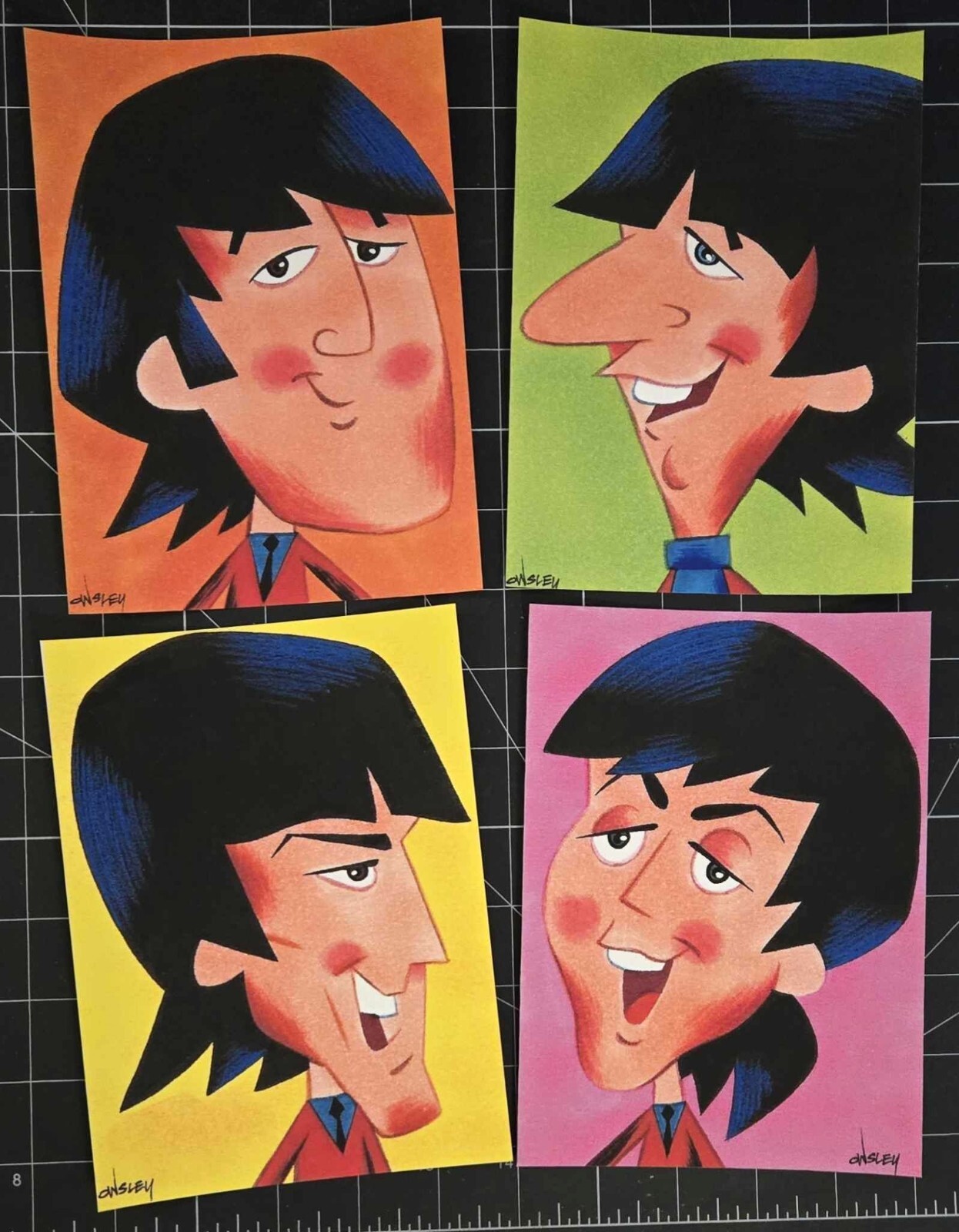 THE BEATLES 4-pc PRINT SET 5x7 EACH 1965 TV CARTOON TRIBUTE by PATRICK OWSLEY