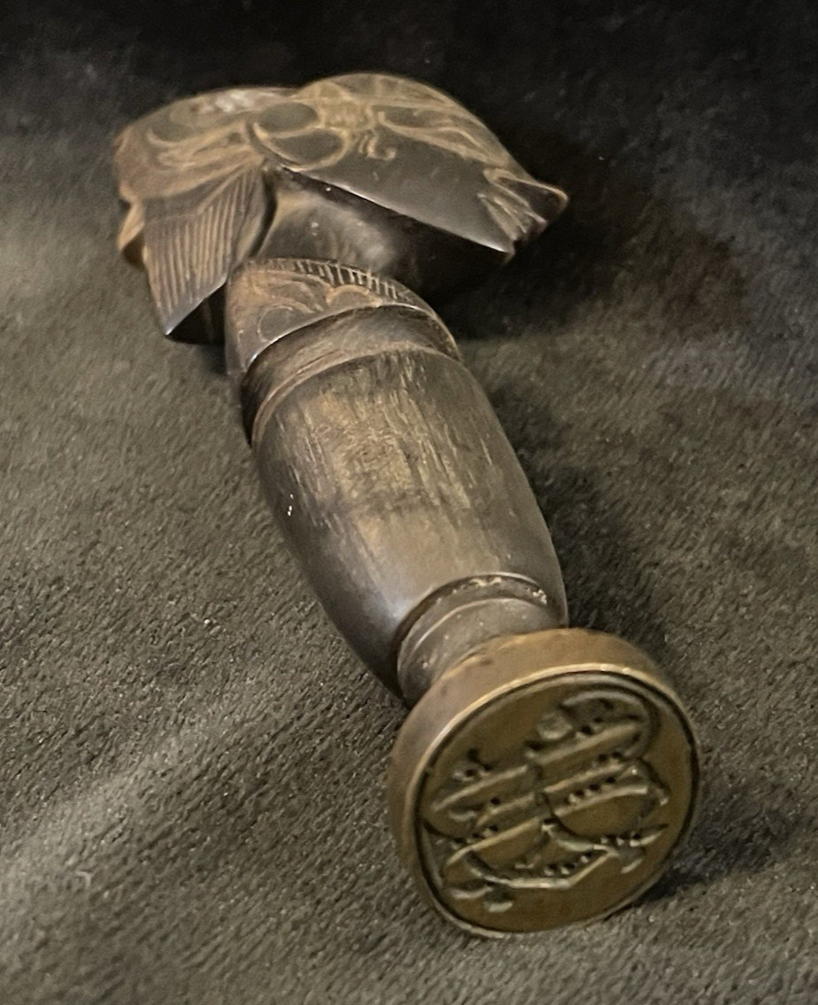 ANTIQUE VICTORIAN HORN WITH BRONZED FLORAL WAX LETTER SEAL STAMP 1890s🌺🌺