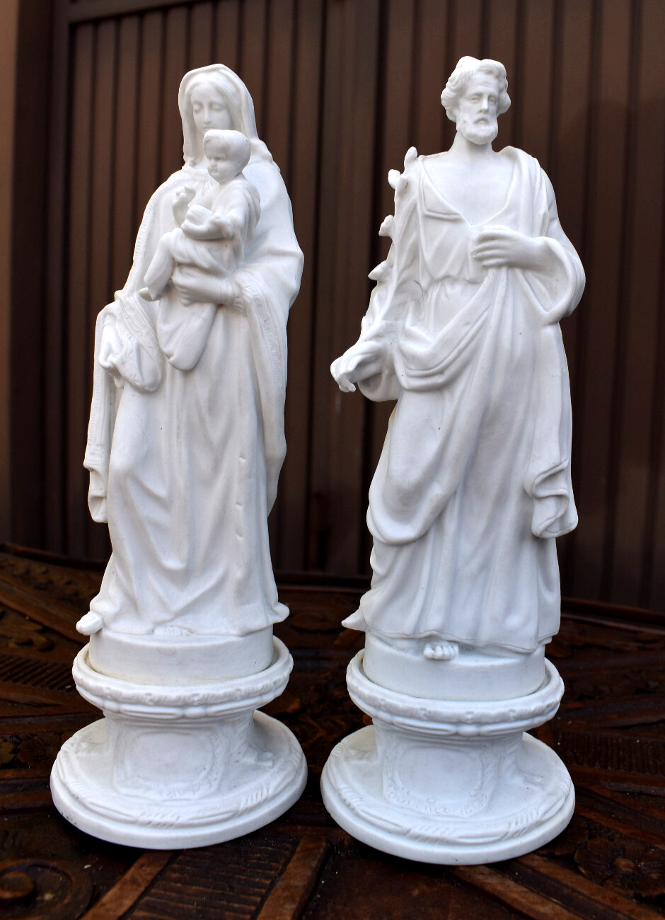 PAIR antique french bisque porcelain holy family saint joseph mary jesus statue
