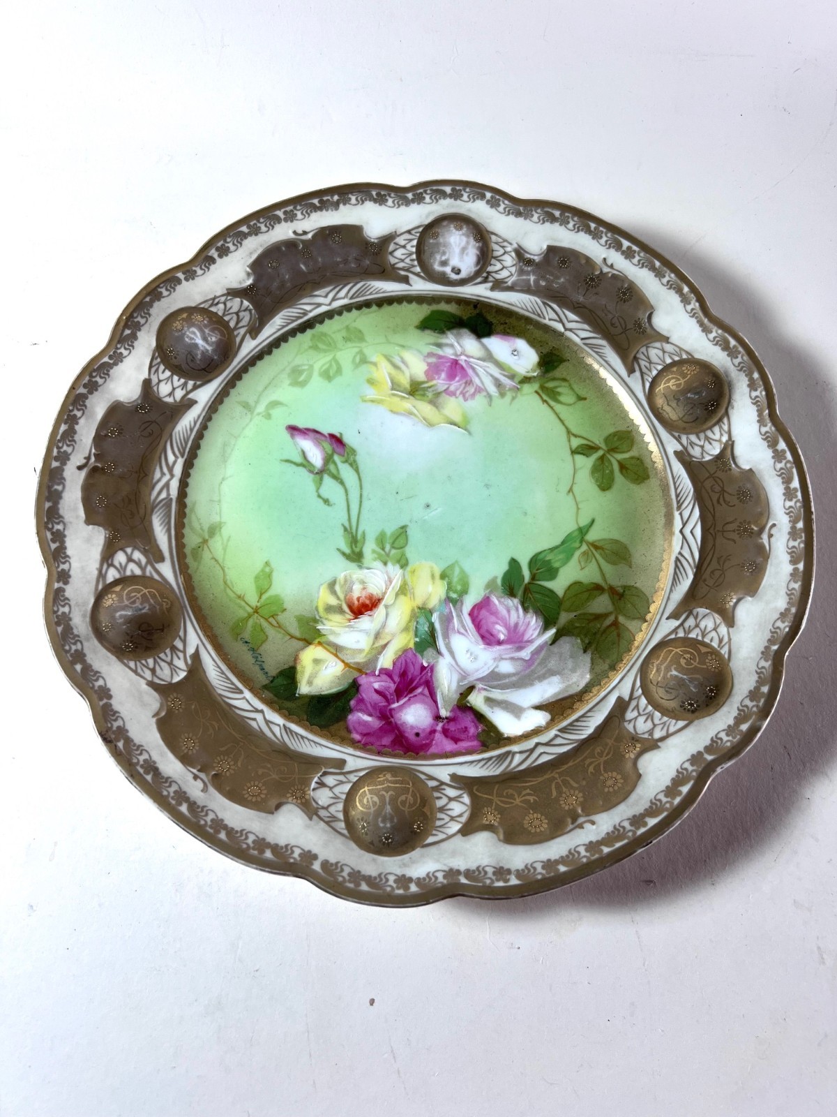 Antique Handpainted Porcelain Plate Roses Scalloped  Gold Gilt Austria