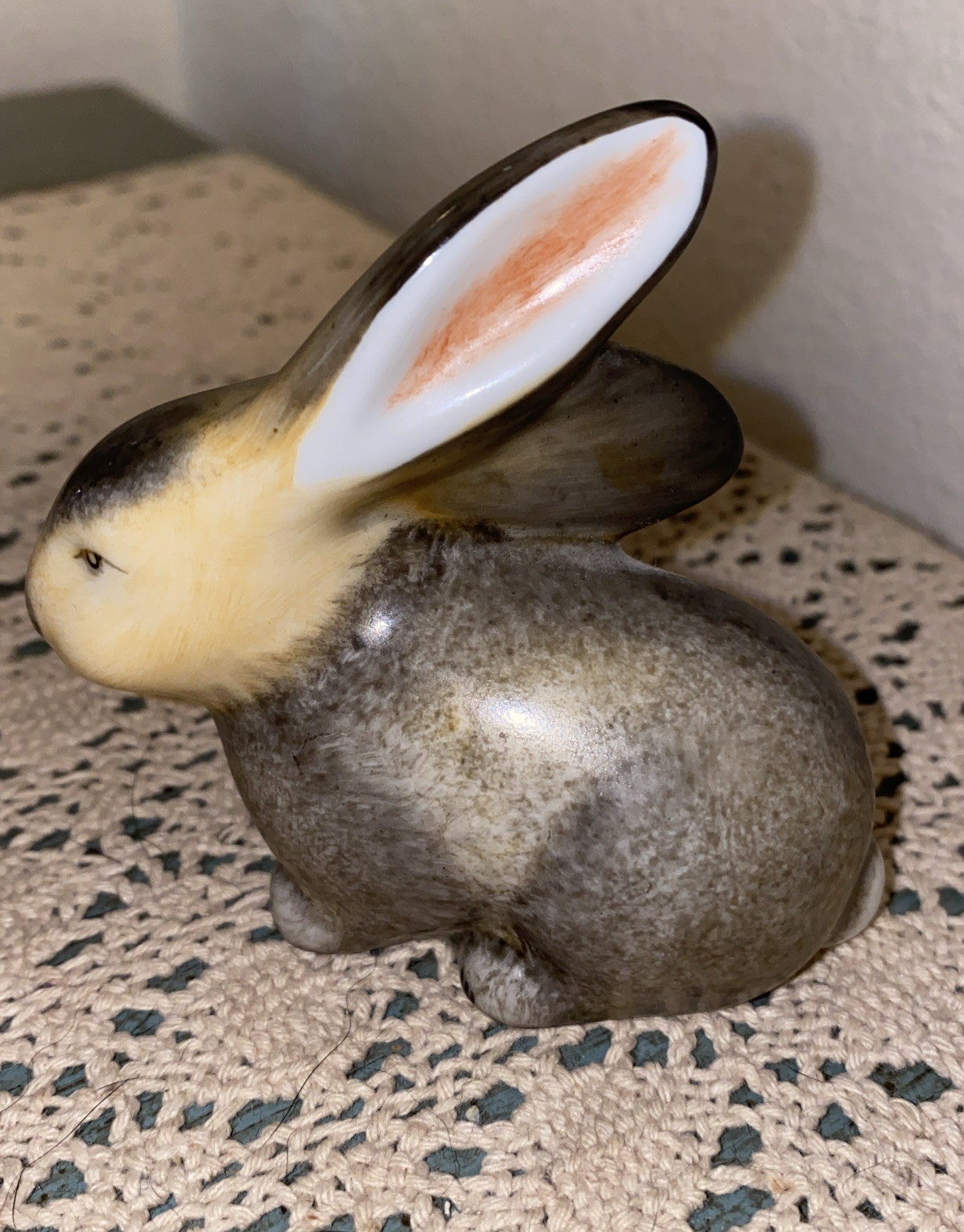 Vintage Hollohaza Hand Painted Gray Long Eared Rabbit Porcelain Figurine Hungary