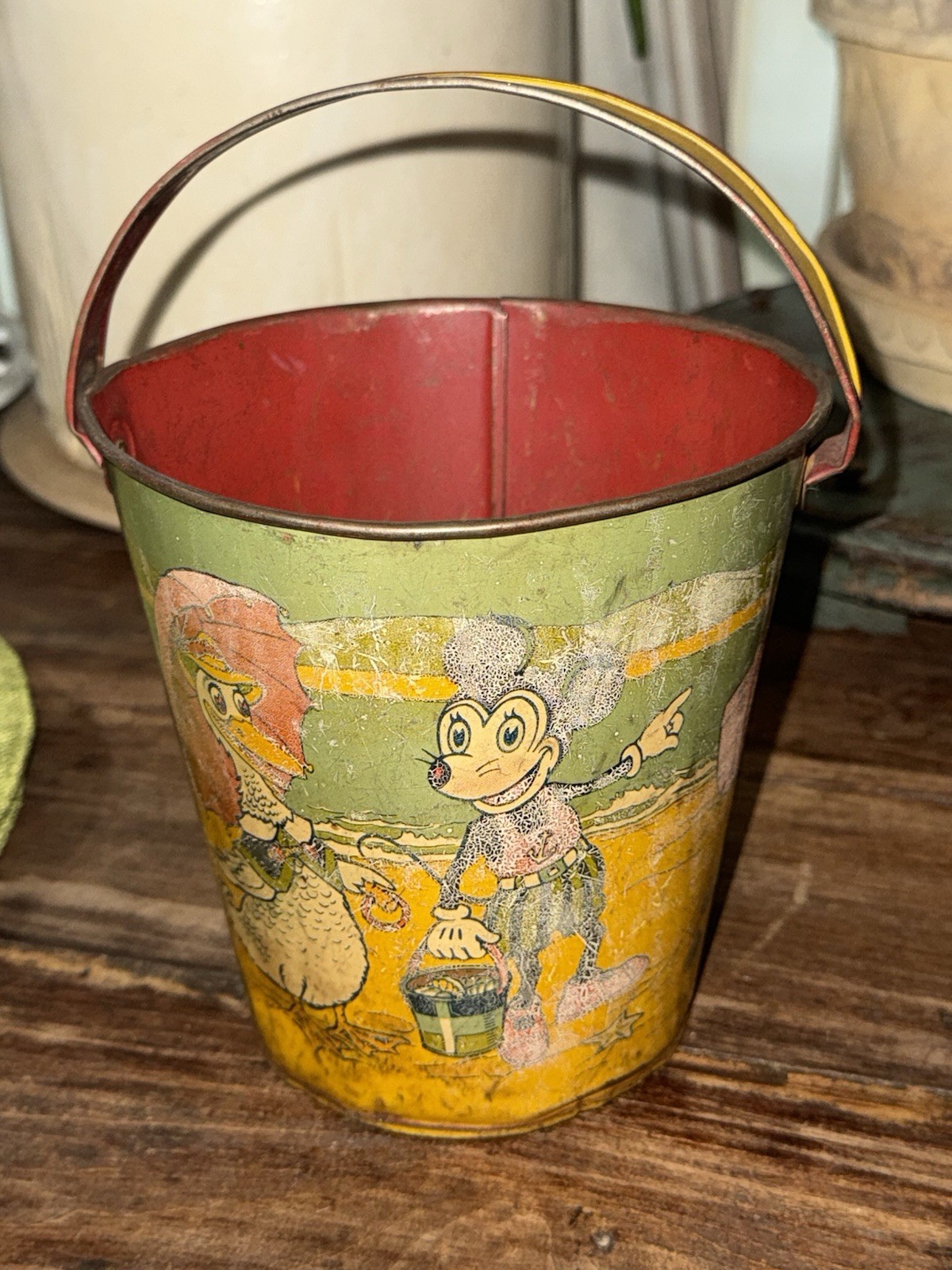 1930s T. Cohn Tin Scrappy at the Seashore Sand Pail Beach Friends Mickey Mouse