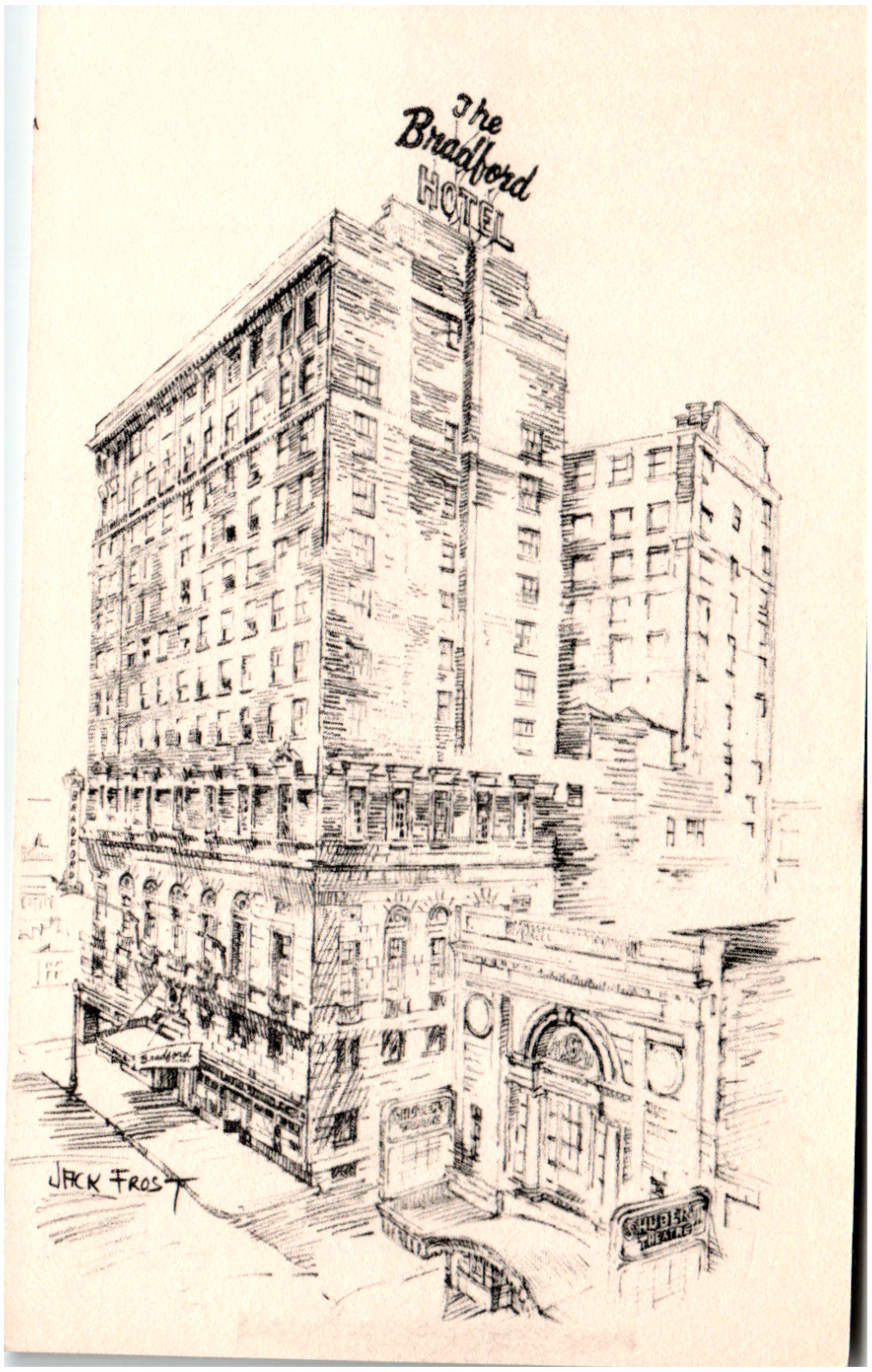 Postcard Bradford Hotel Boston MA Sketched Artist Signed Jack Frost