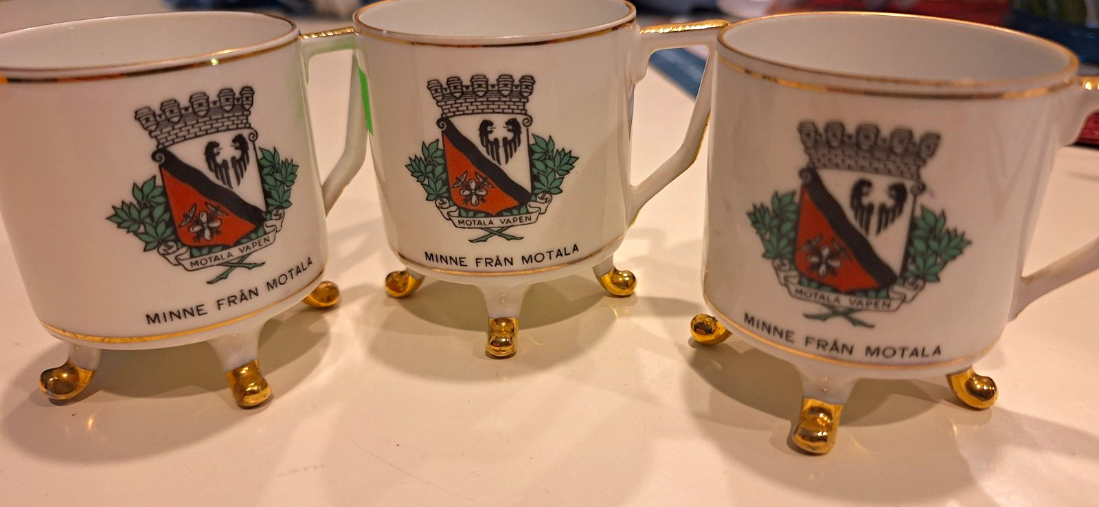 Vintage Hackefors Sweden Porcelain Footed Mocha Cups Trio - Motala Souvenir (3)