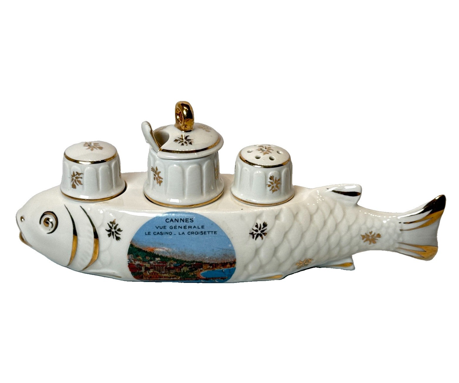 CANNES FRANCE Souvenir LE CASINO ANTIQUE PAINTED GOLD FISH SHAKER TRINKET