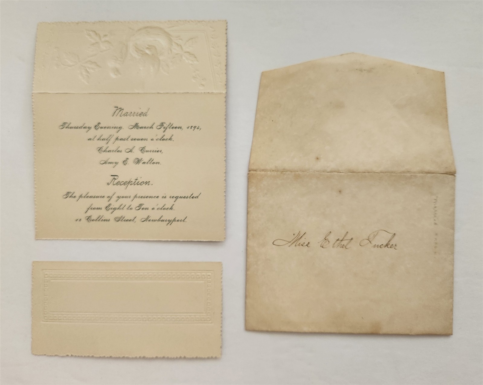 1894 antique WEDDING INVITE newburyport ma CHAS CURRIER AMY WALTON ethel tucker