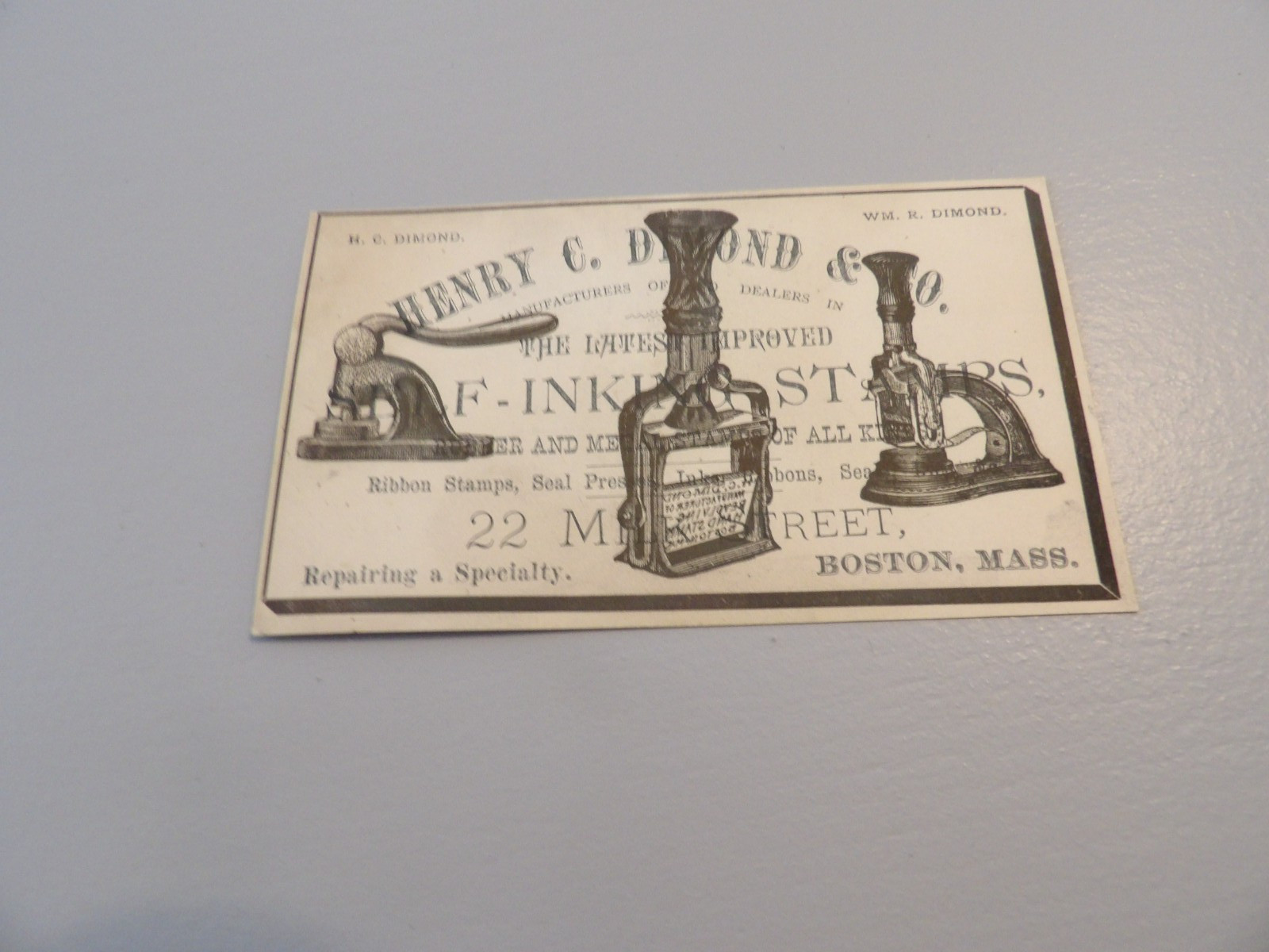 c.1890\'s Trade Card Henry Diamond & Co., Inking Stamps, Seals, Boston MA