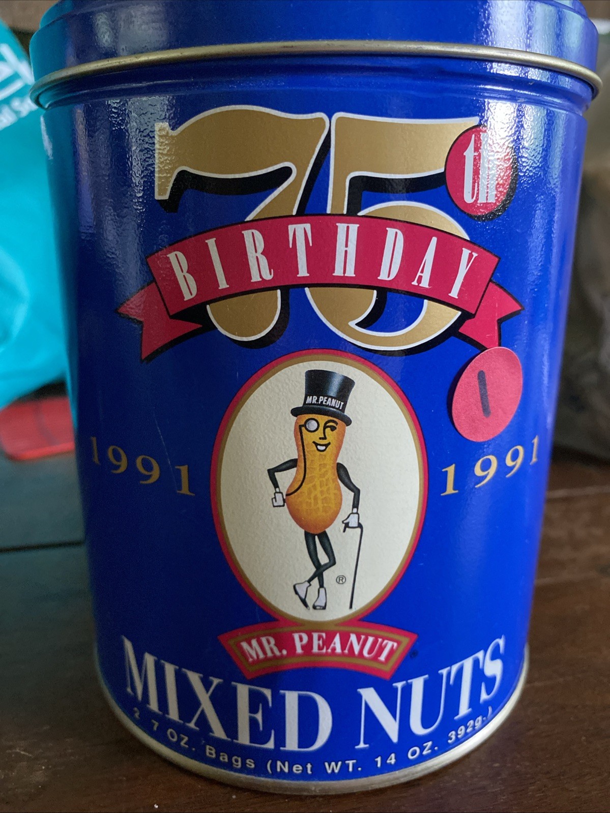 Vintage 1991 Planters Mixed Nuts - Mr. Peanut 75th Birthday's Tin Canister Empty Vintage 1991 Planters Mixed Nuts - Mr. Peanut 75th Birthday's Tin Canister Empty