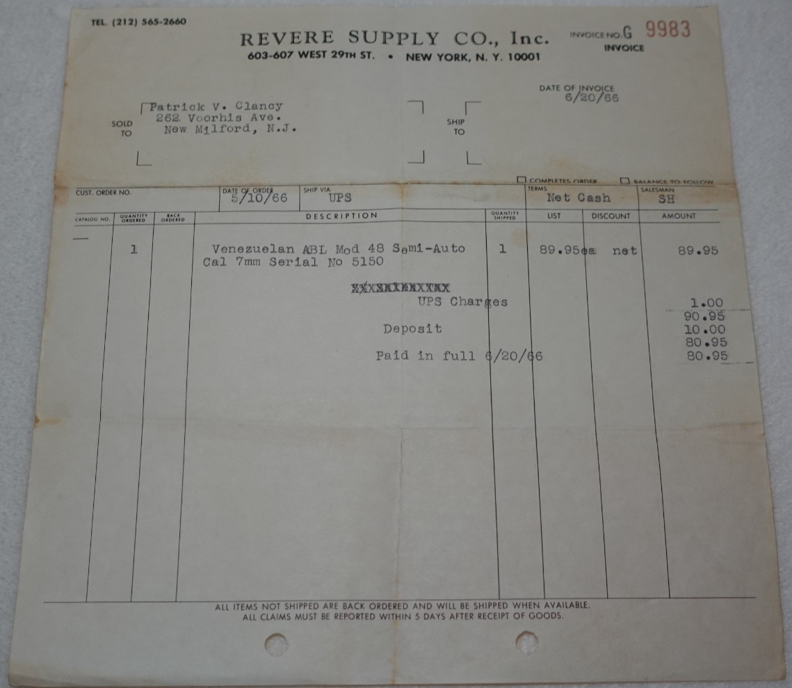 Revere Supply Company New York 1966 Venezuelan ABL 7mm Rifle Purchase Receipt
