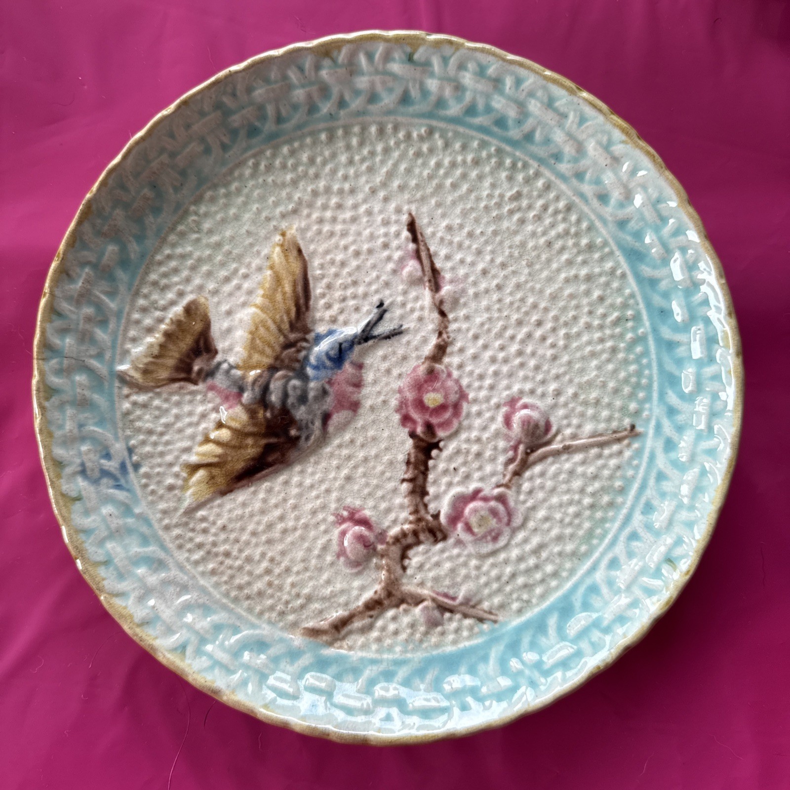 Antique English Majolica Plate with Bird and Flowers c.1870's