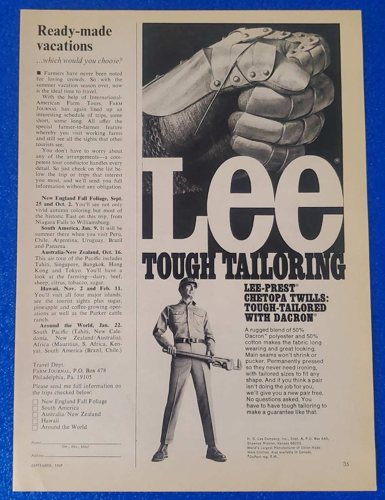 1969 LEE JEANS VINTAGE PRINT AD LEE-PREST CHETOPA TWILL PANTS \