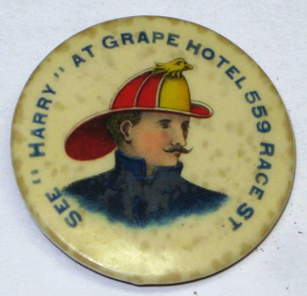Antique C1898 Grape Hotel Fireman Pinback Button Firefighter, Harrisburg, PA