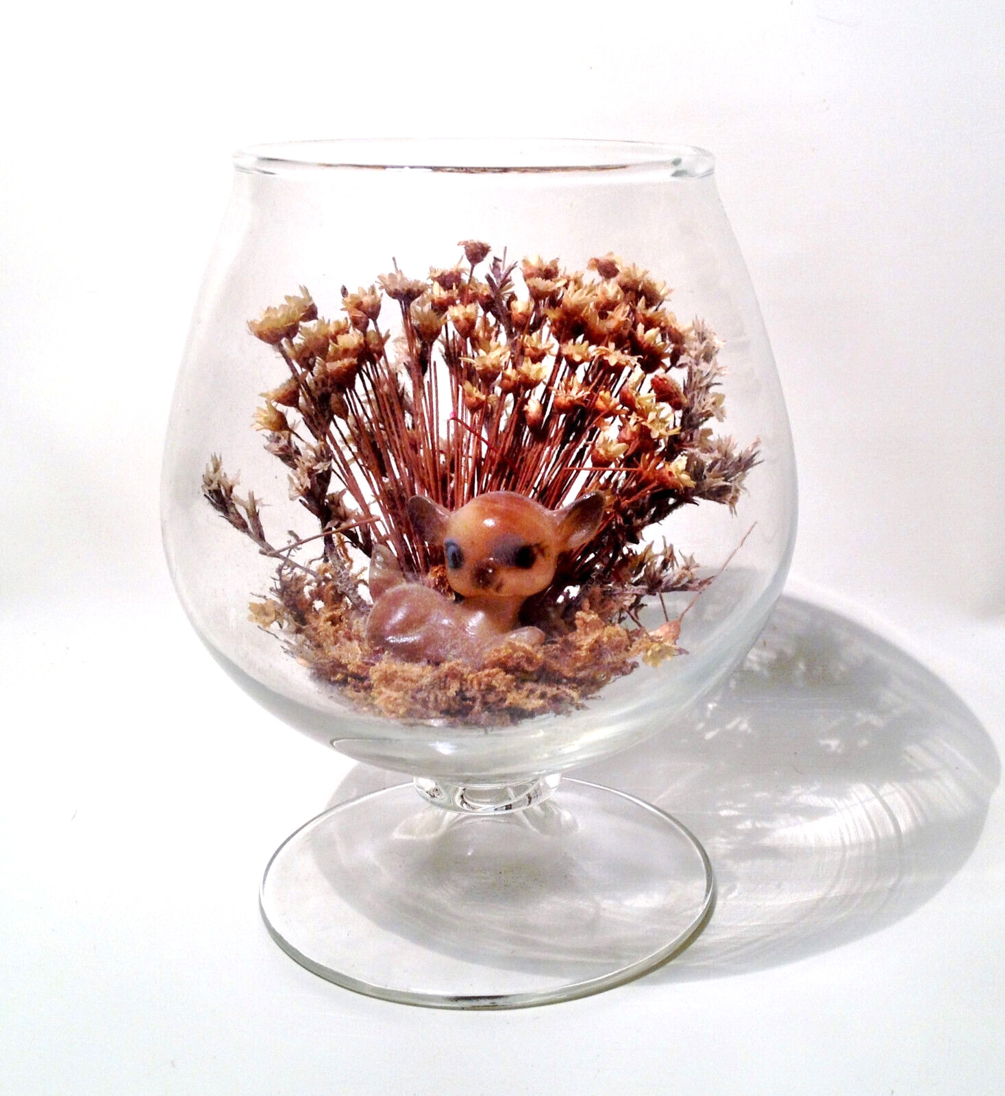 1960s Vintage Glass Vase Dried Flowers Arrangement Kitsch MCM Deer Fawn Figurine