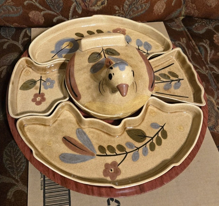 Vtg MCM California Cleminson\'s Pottery Distlefink Design Bird Lazy Susan 7 Pc