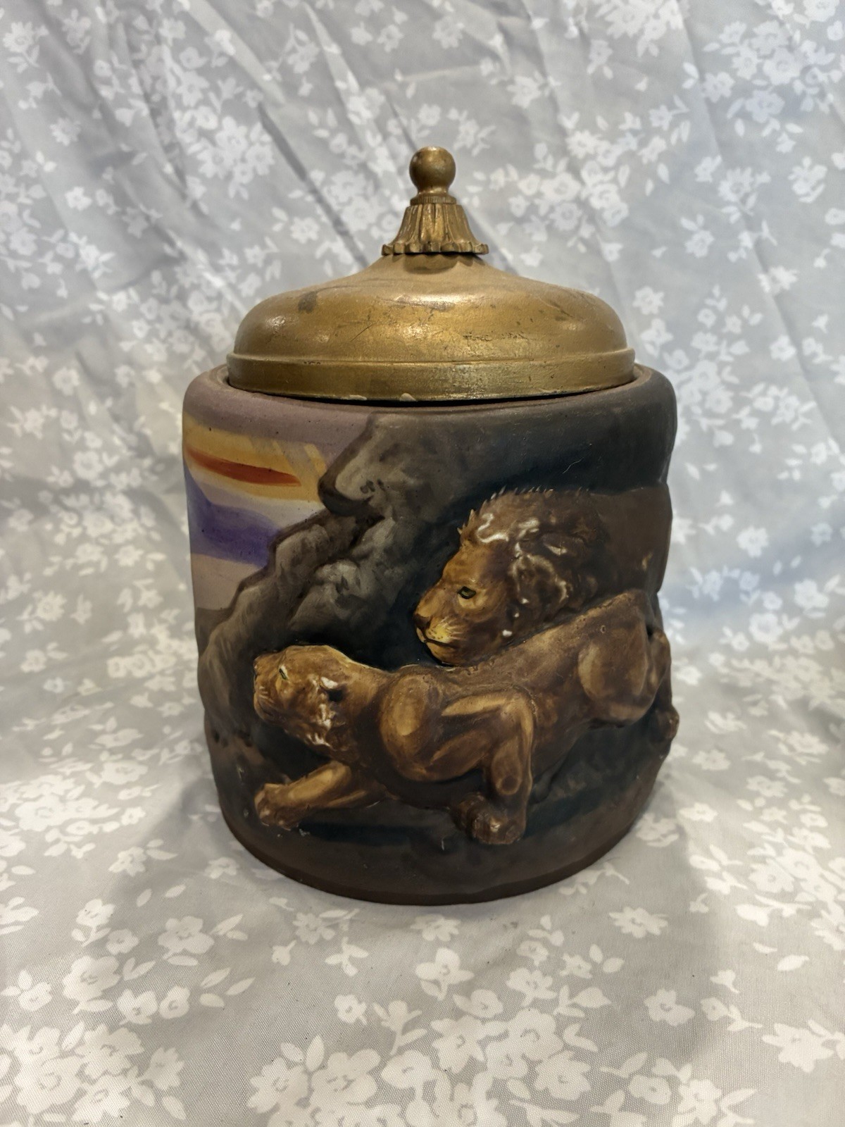 *RARE* Antique Morimura Nippon Molded Porcelain Humidor w/Lion & Lioness/EUC