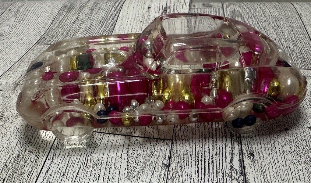 Vintage Acrylic Clear Classic Sports Car W/Liquid & Beads Decorative Paperweight