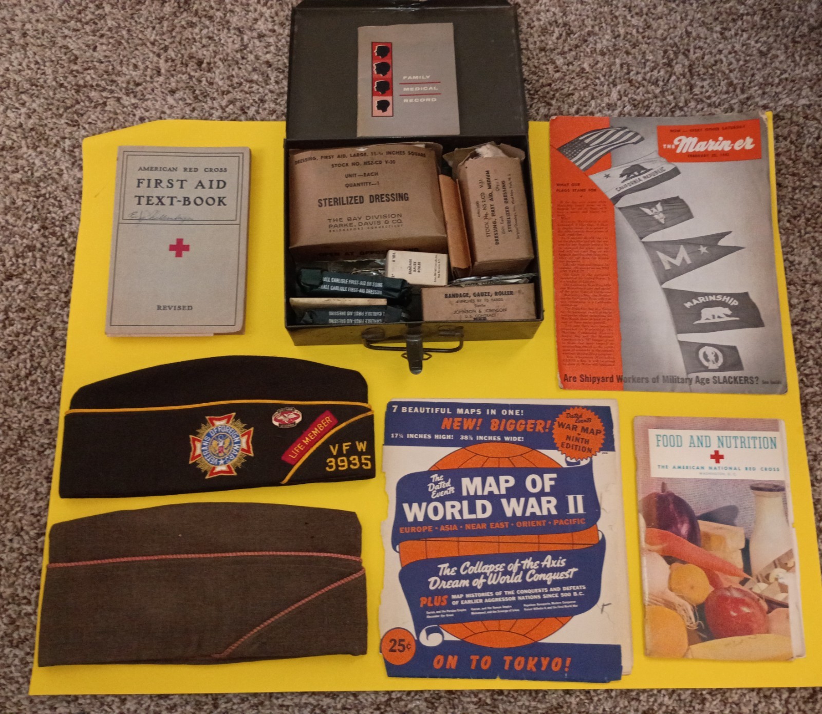 WWII Military Memorabilia Lot VFW 3935 WWII War Map First Aid Books Vintage