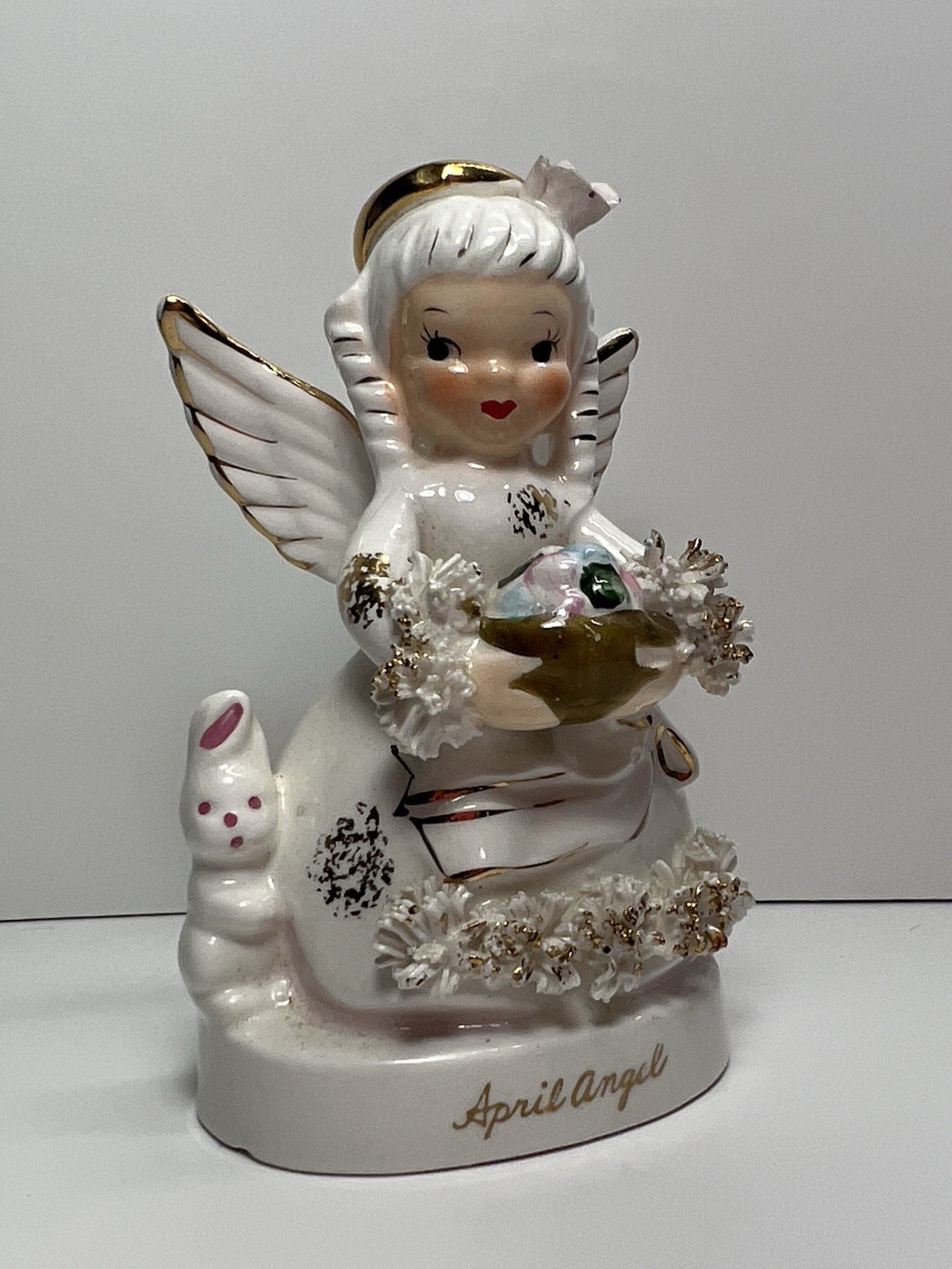Vintage Napco April Angel A1364 Japan Birthday Easter Bunny Spaghetti Figurine