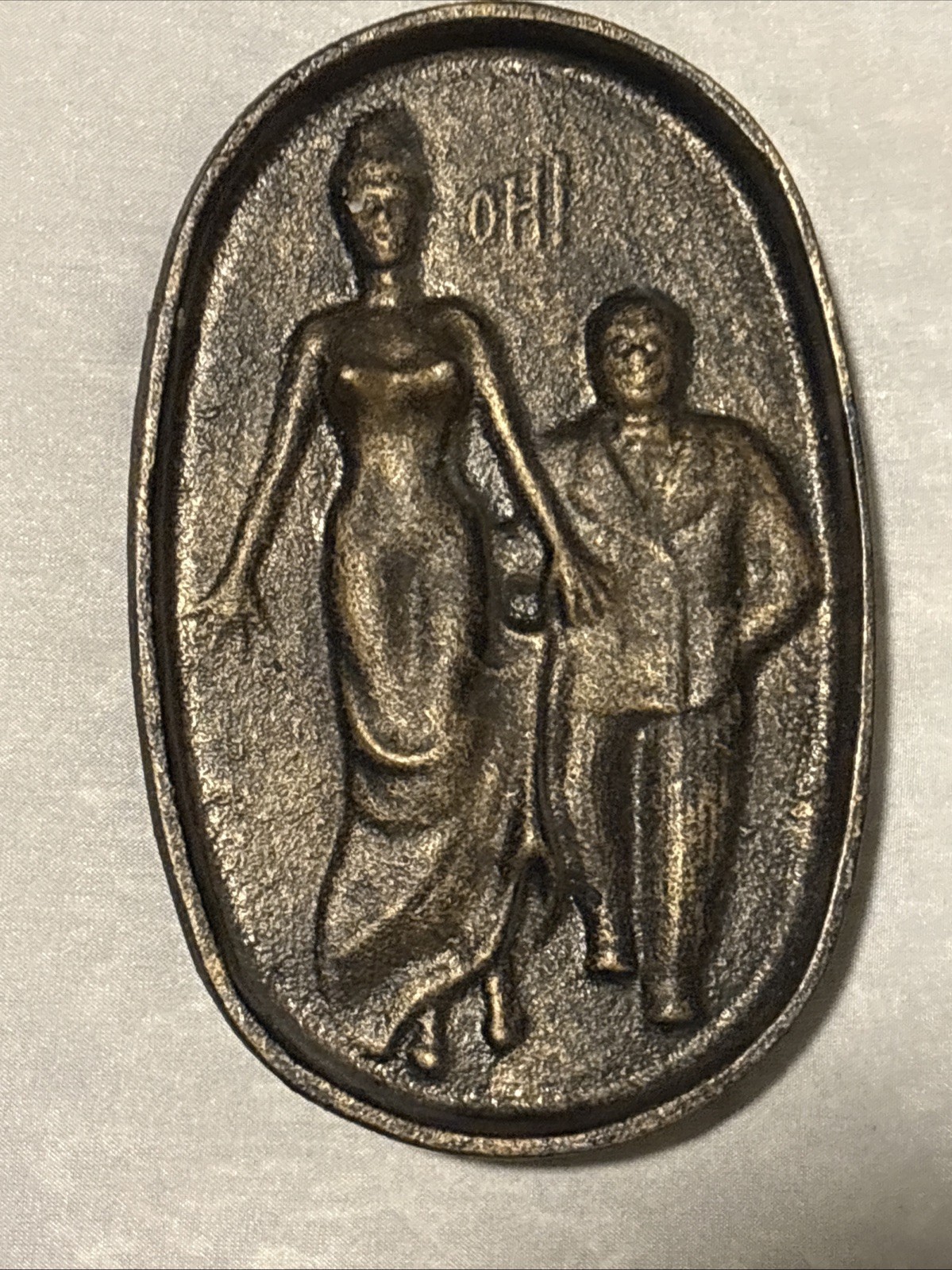 VTG 1950’s Cast Bronze Ashtray Suggestive Man Women Two Sided OH” Novelty Fun
