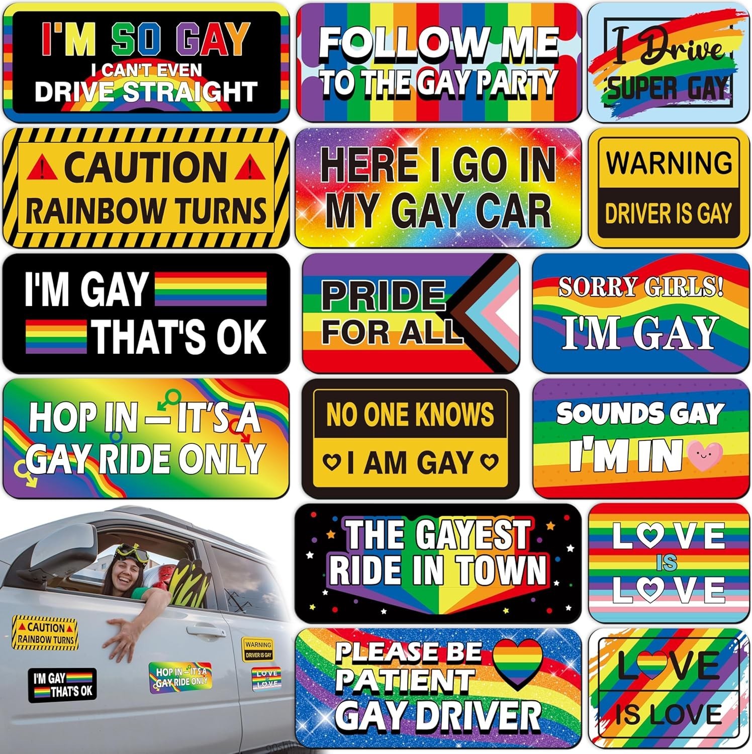 16PCS Funny Pride Gay Car Bumper Magnets Bulk Magnetic Rainbow Decals Decorat...