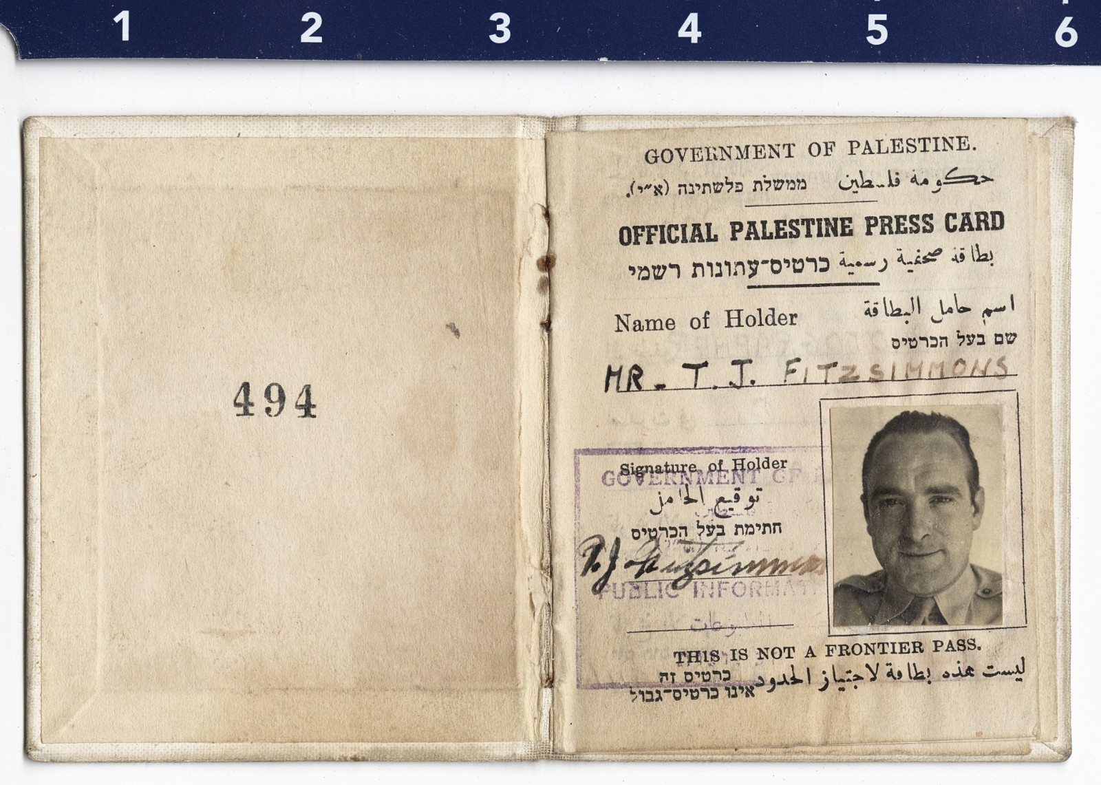 1946 Palestine Press Card for Associated Press Photographer Thomas Fitzsimmons