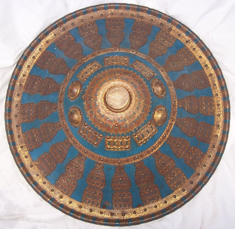 Antique Indo-Persian Style Steel, Brass & Leather Dhal SHIELD, Hand Engraved Antique Indo-Persian Style Steel, Brass & Leather Dhal SHIELD, Hand Engraved