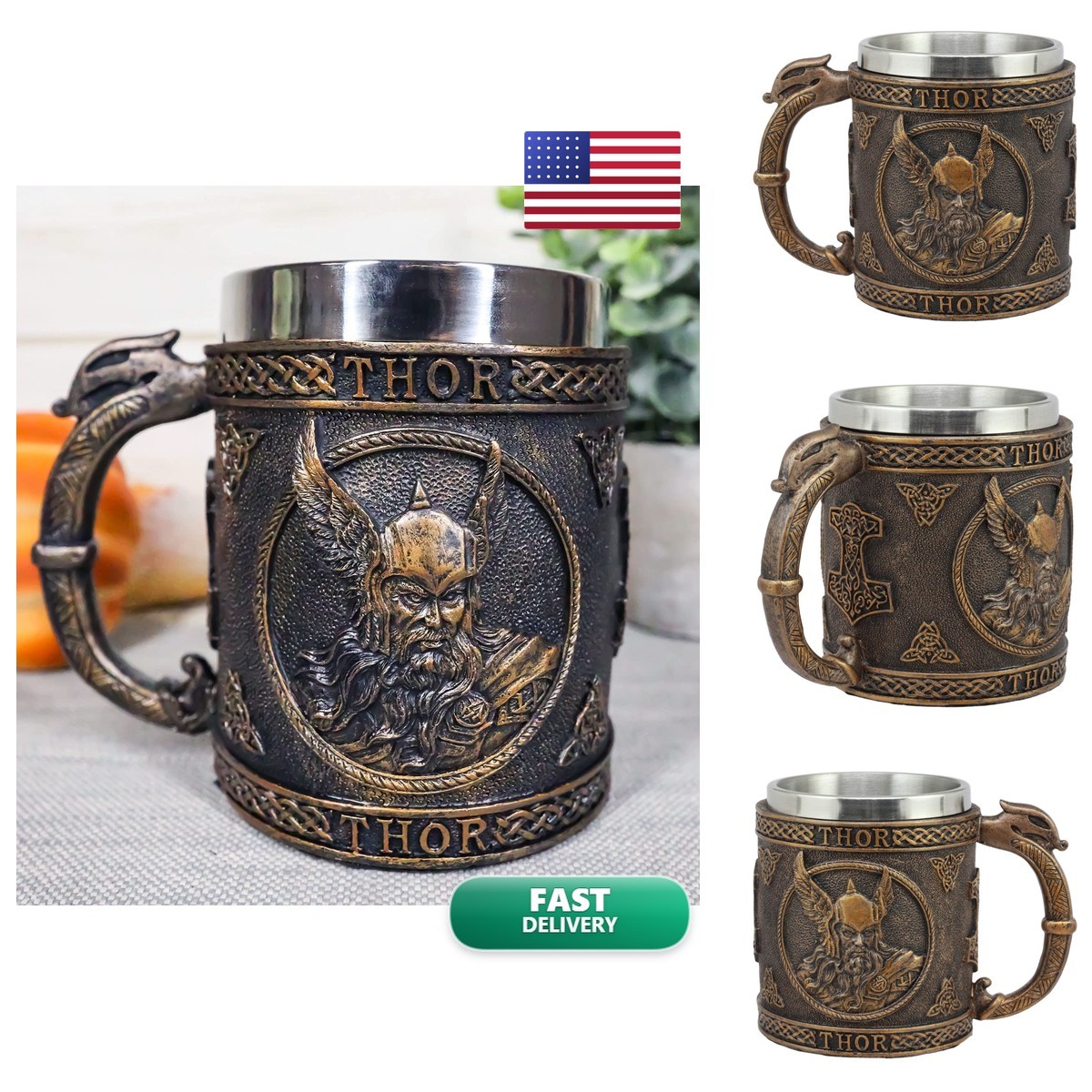 Ebros Gift Thor Viking Tankard Beer Stein Resin Cup Stainless Steel Liner