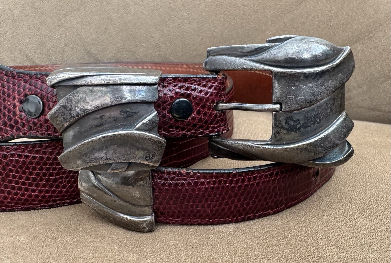 Vintage Aged Patina Sterling Silver 3 Pc Ranger Belt Buckle Set & Lizard Belt