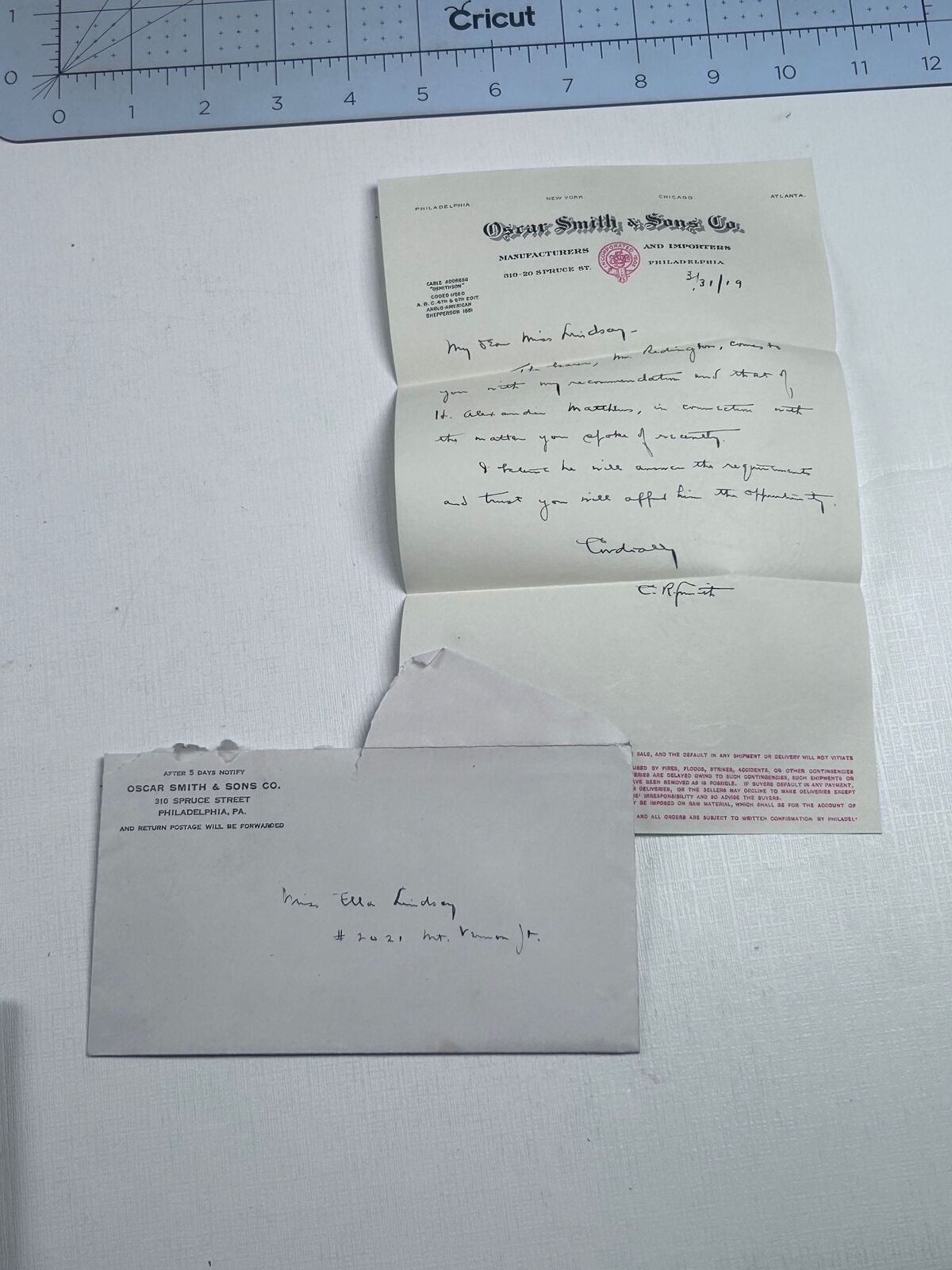 Oscar Smith & Sons Philadelphia PA Letterhead + Cover 1919