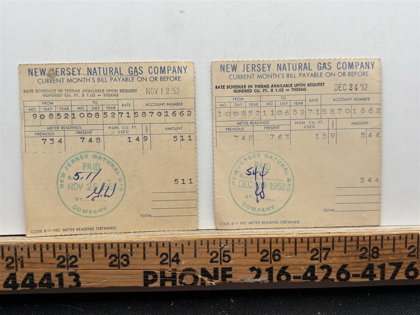 1952 New Jersey Natural Gas Company Billhead Bill Receipt Vintage