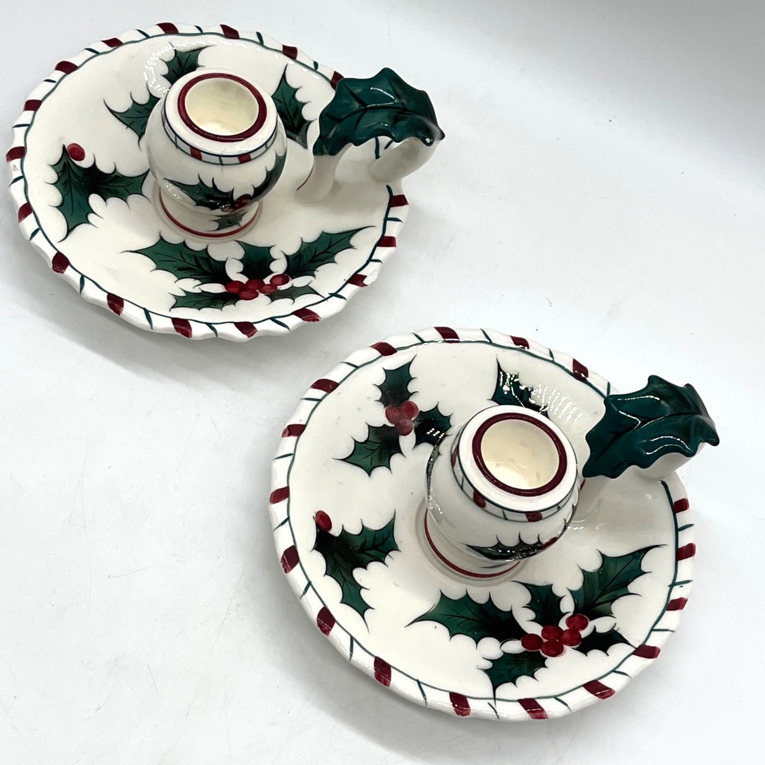 Vintage Lefton Christmas Holly Hand Painted Chamberstick Candleholder Set 