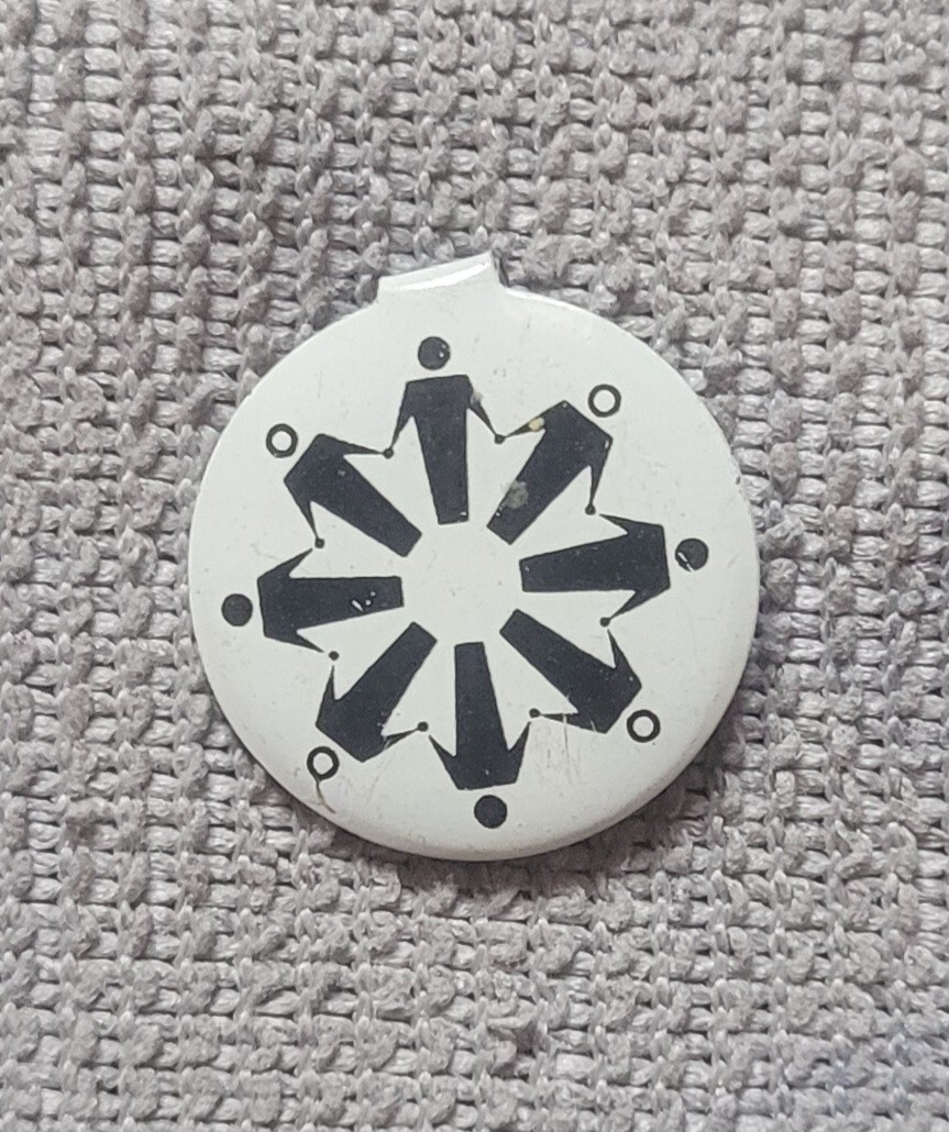 Circle of People Holding Hands Pinback Black White Vintage 