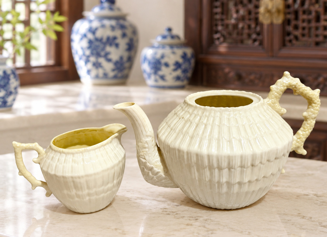 Vintage Belleek Limpet Teapot Creamer Set 1st Green Mark 1946-1955 MISSING LID