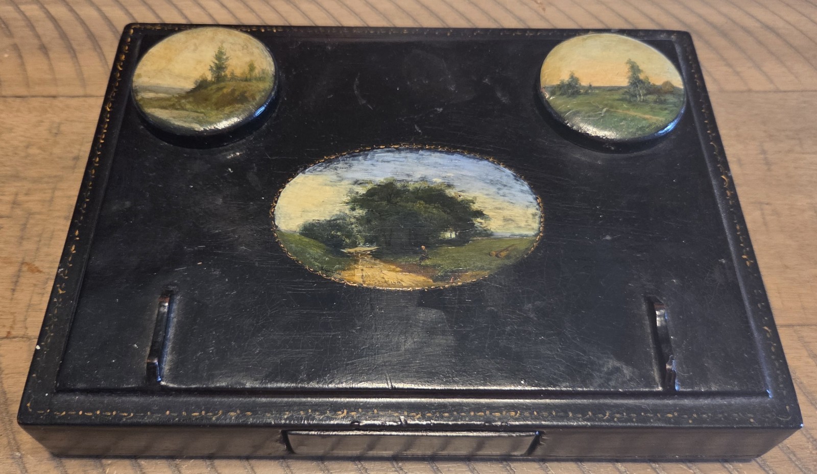 Fedoskino 1960s Russian Lacquer Inkwell Ink Pen Stand Box With Drawer Fedoskino 1960s Russian Lacquer Inkwell Ink Pen Stand Box With Drawer