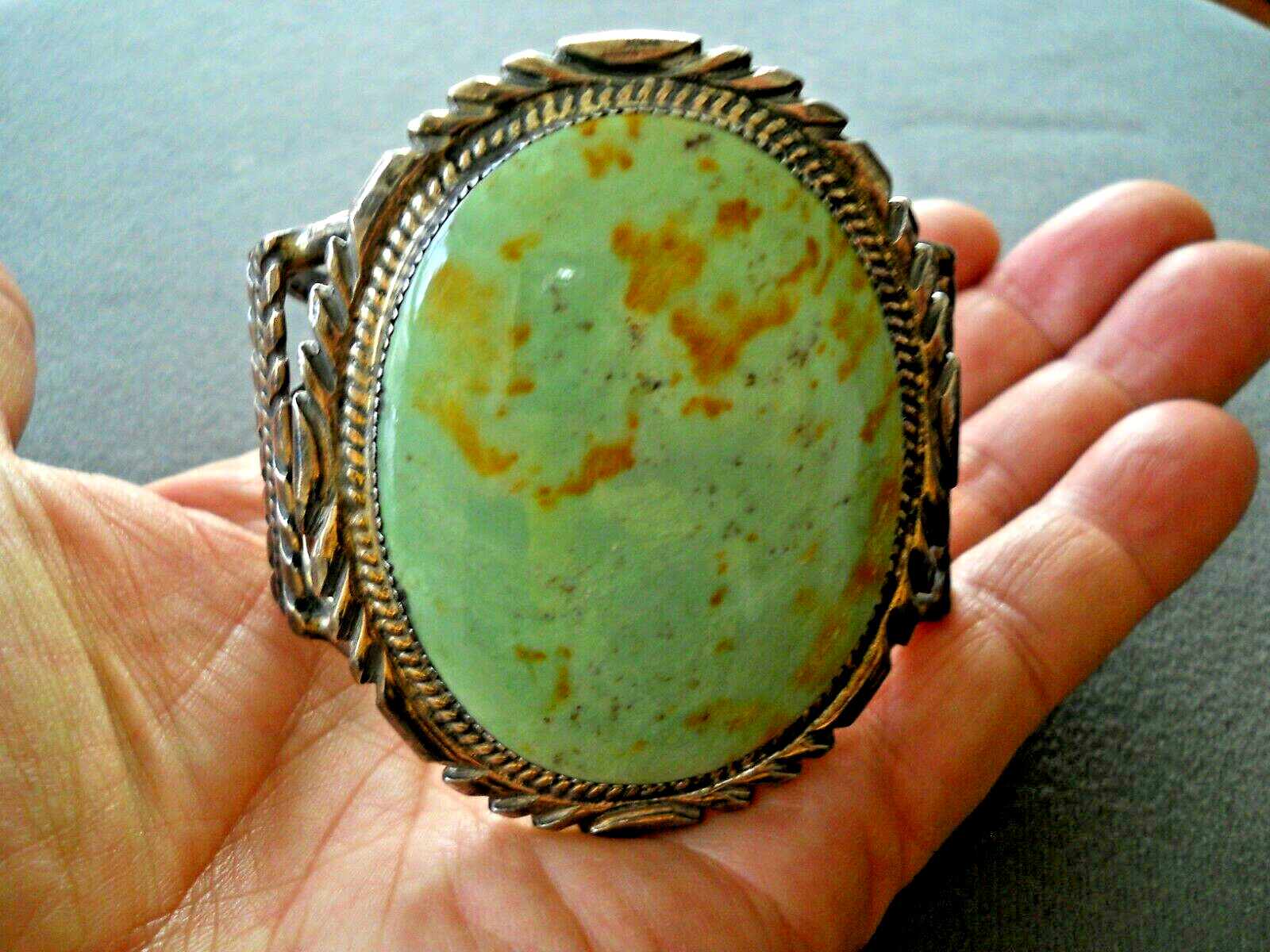 HUGE HEAVY MALONEY Native American Navajo Green Turquoise Sterli Silver Bracelet