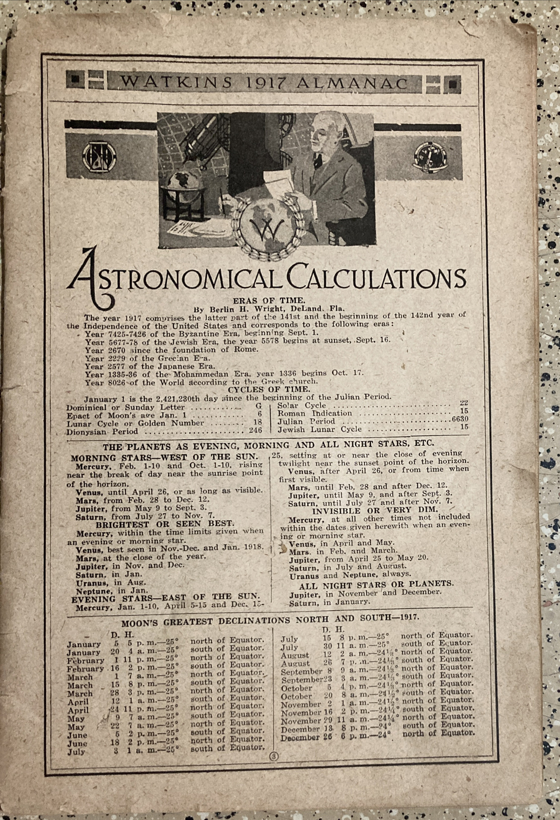 VINTAGE 1917 WATKINS ALMANAC ASTRONOMICAL CALCULATIONS WEATHER FORECAST