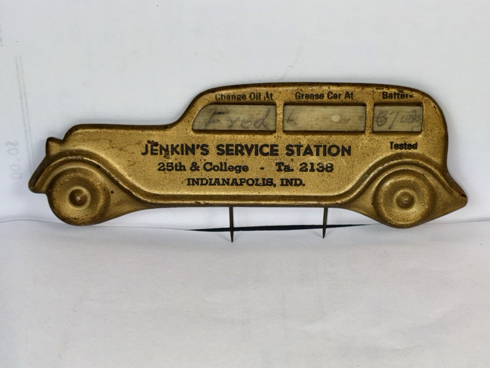 Vintage 40s Automotive Oil Change Service Reminder Dashboard Tag Indianapolis,In