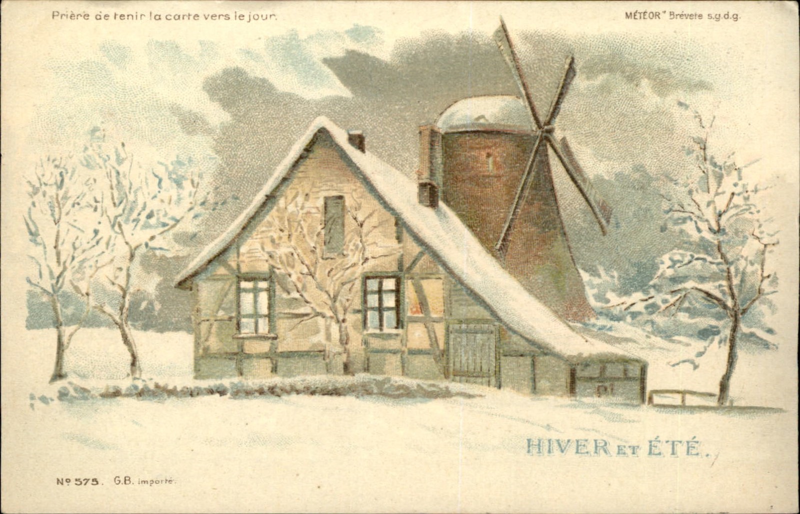 Windmill in Winter Scene HOLD TO LIGHT Reveals Summer Scene Vintage Postcard