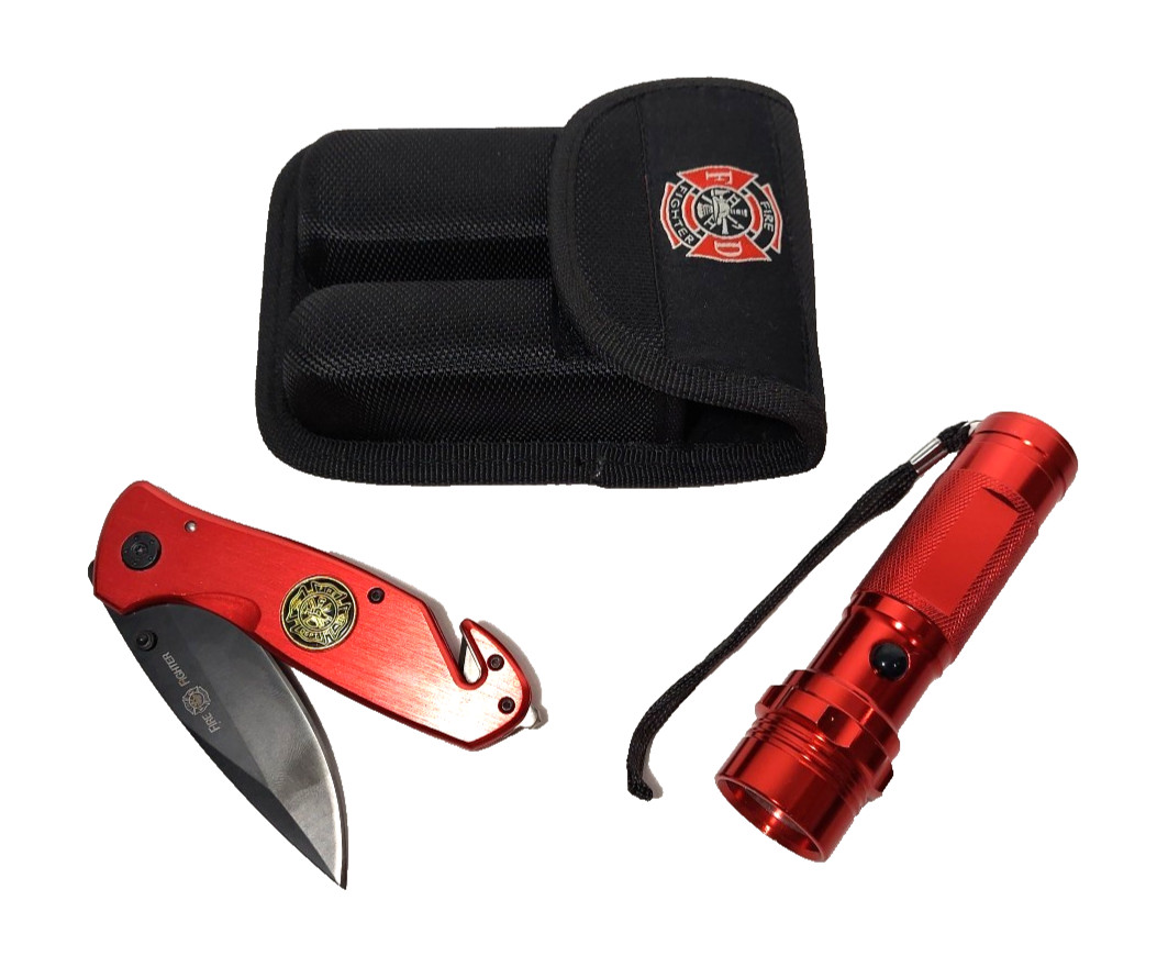 Firefighter FD Survival Knife & Flashlight Set w/Tactical Nylon Case Belt Pouch Firefighter FD Survival Knife & Flashlight Set w/Tactical Nylon Case Belt Pouch