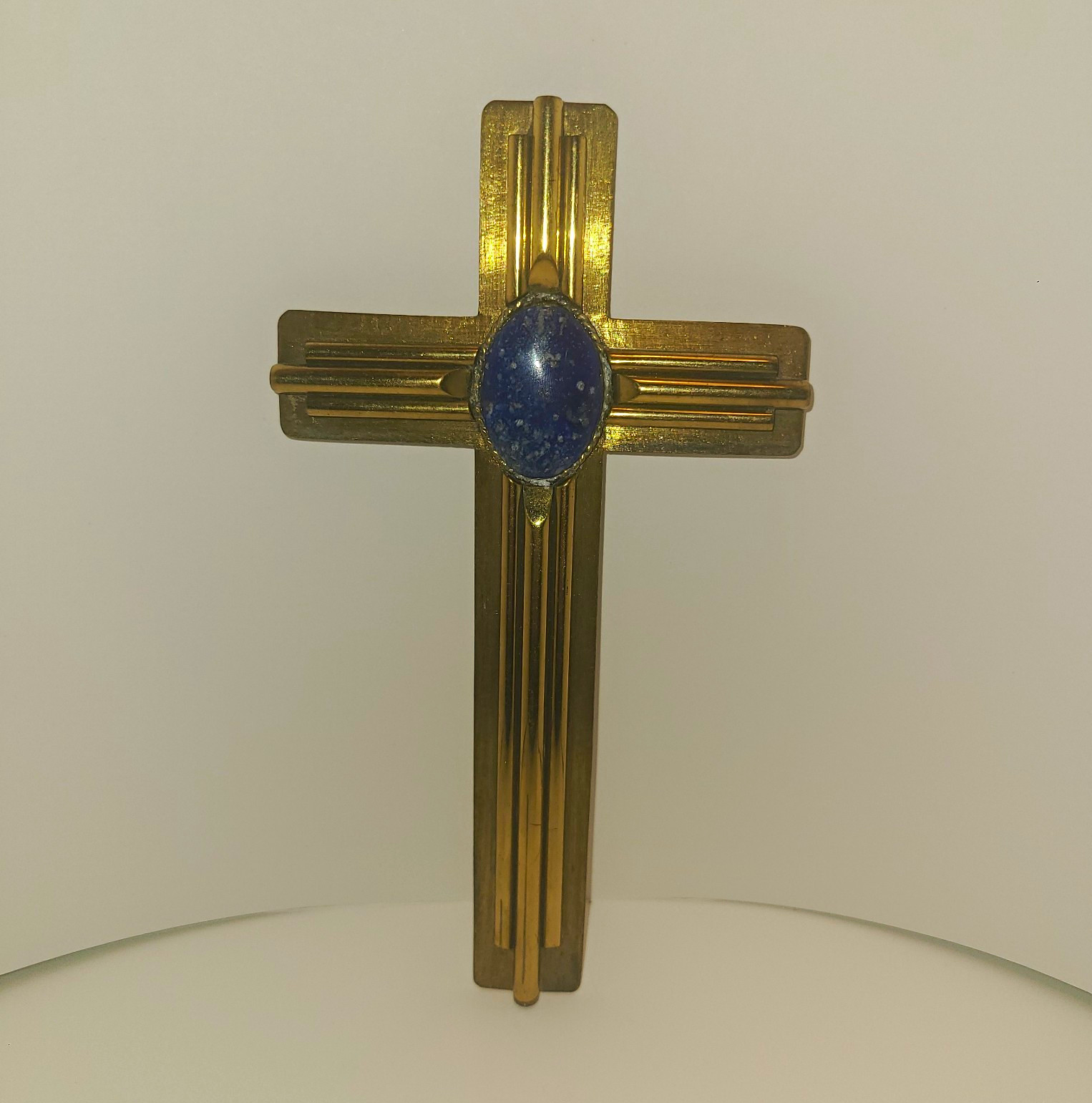 Vintage Morita Gil Chile Lapis Lazuli Brass Wall Cross Signed MCM 7.75 x 4.25
