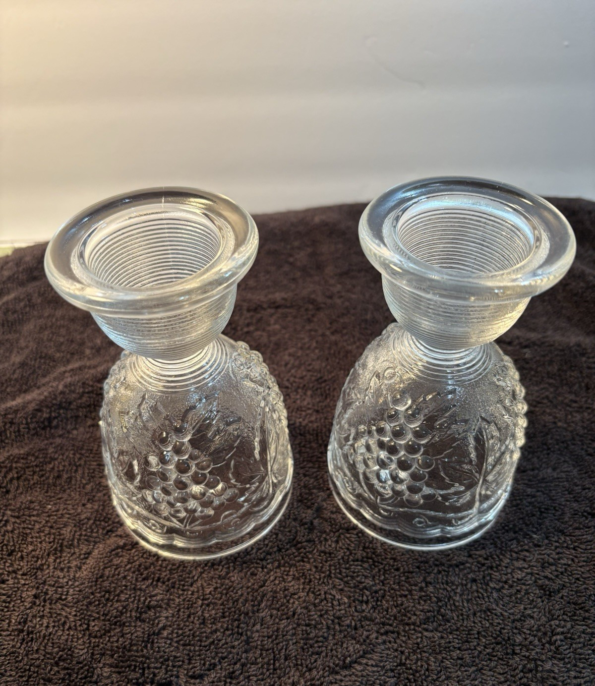 Pair of Vintage Pressed Glass Egg Cups with Classic Grape and Leaf Vine Motif Pair of Vintage Pressed Glass Egg Cups with Classic Grape and Leaf Vine Motif