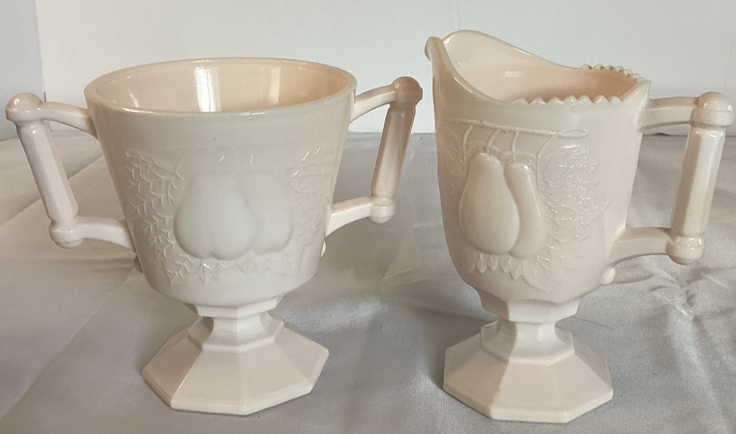 Jeanette Pink Milk Glass Baltimore Pear Footed Open Sugar And Creamer