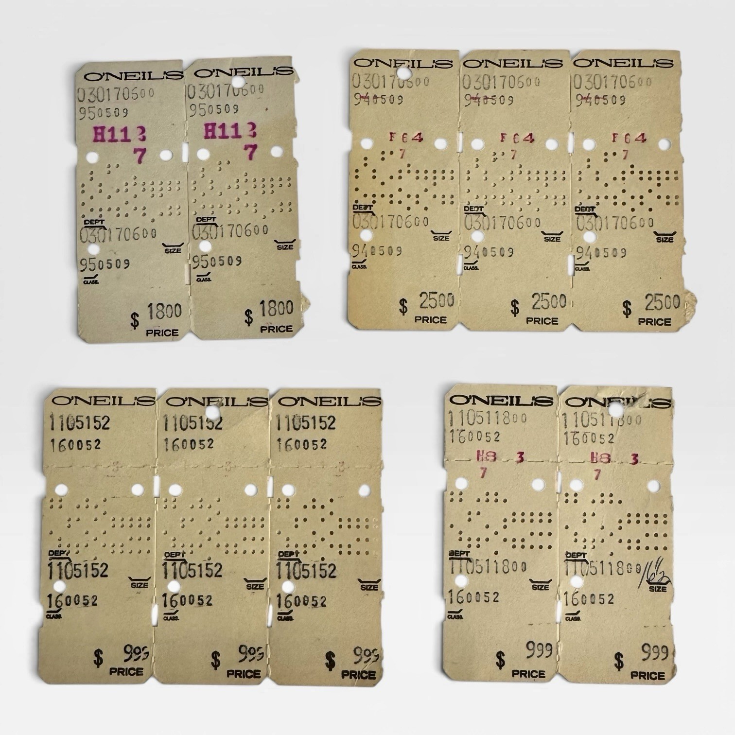 O'NEIL'S Department Retail Store Vintage Computer Punch Card Tags LOT Ephemera 