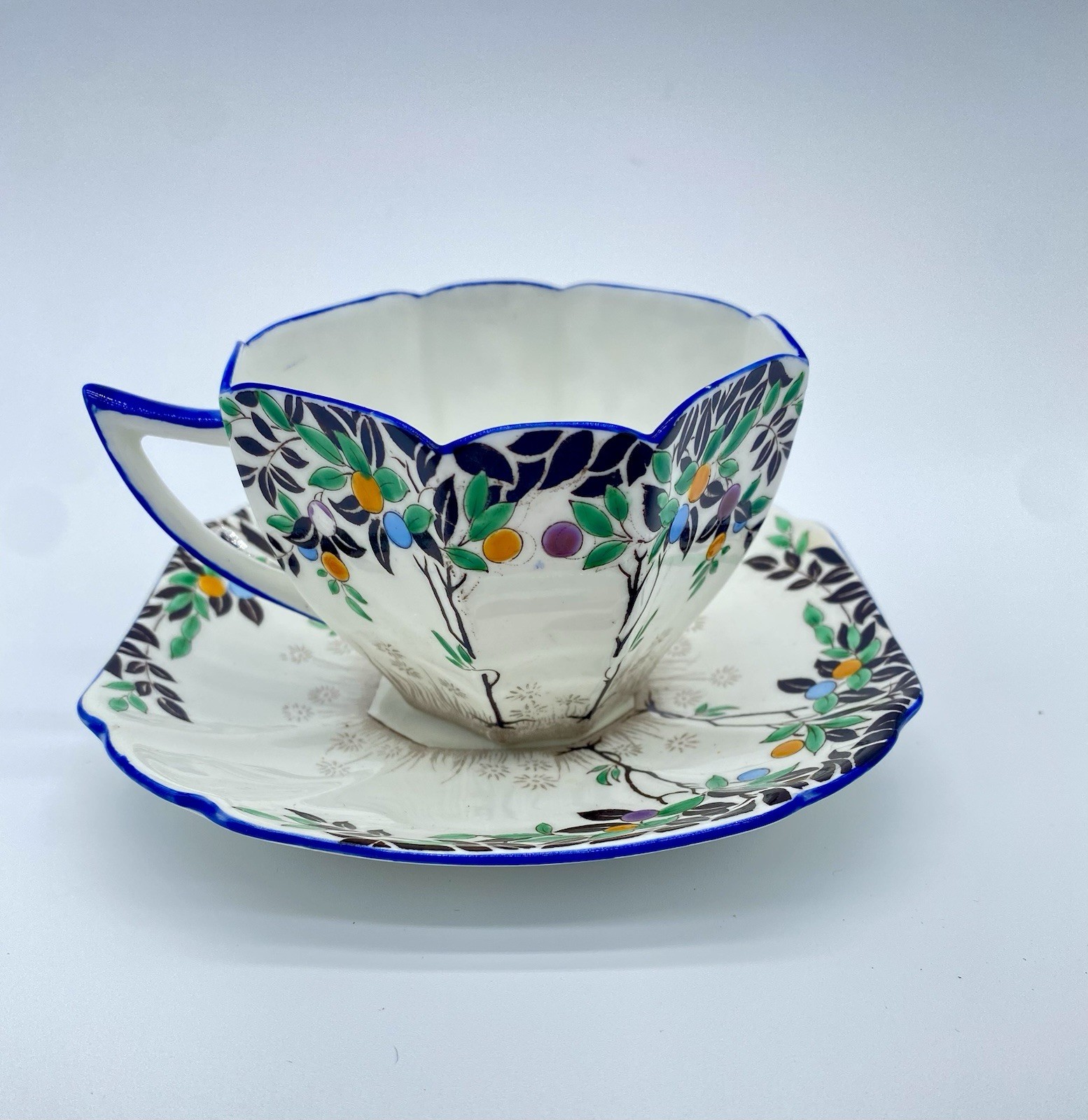 Shelley Queen Anne 11697 Black Trees COBALT Trim Tea Cup Saucer Art Deco HTF Shelley Queen Anne 11697 Black Trees COBALT Trim Tea Cup Saucer Art Deco HTF