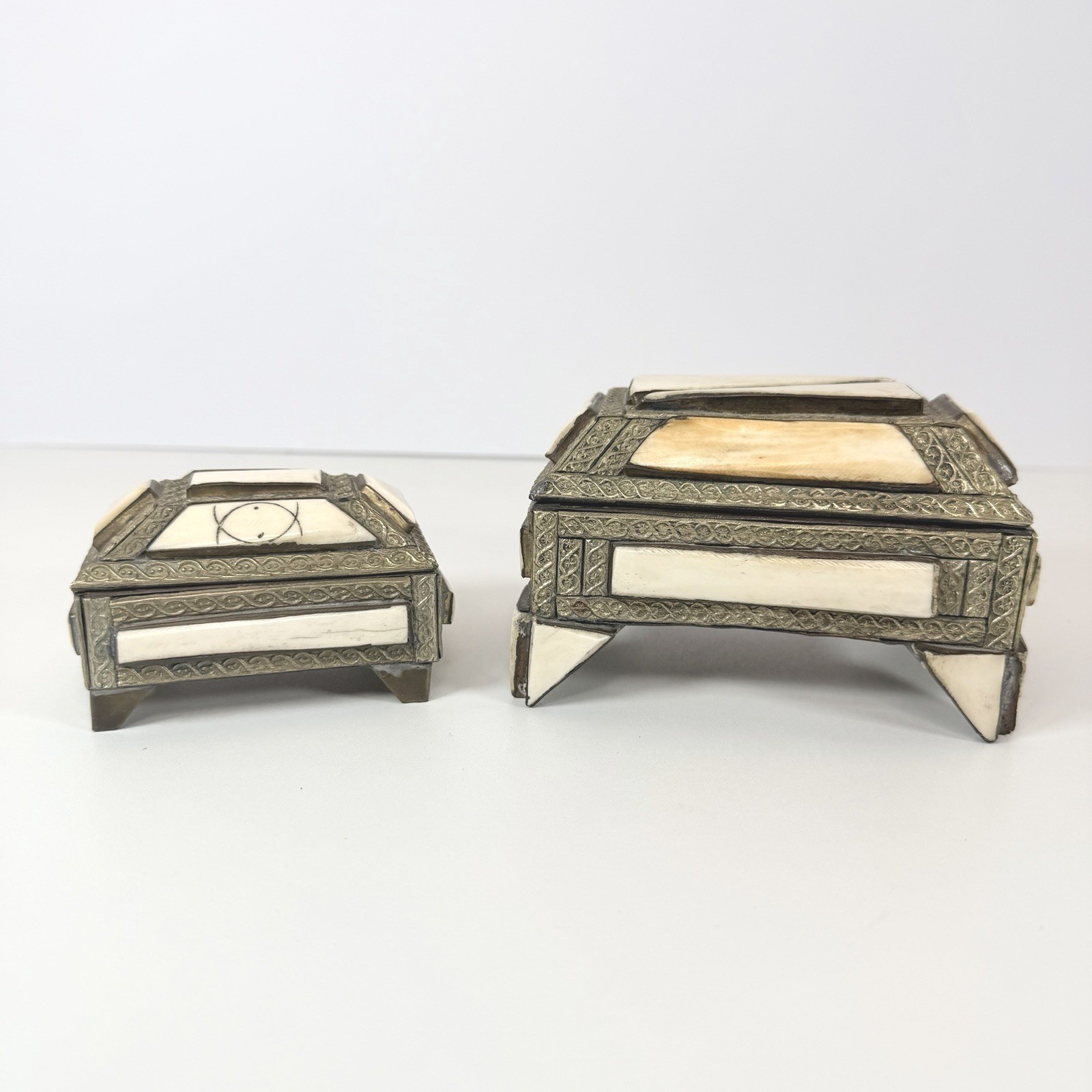 Antique Trinket Boxes Made Of Camel Bone And Brass Set Of 2