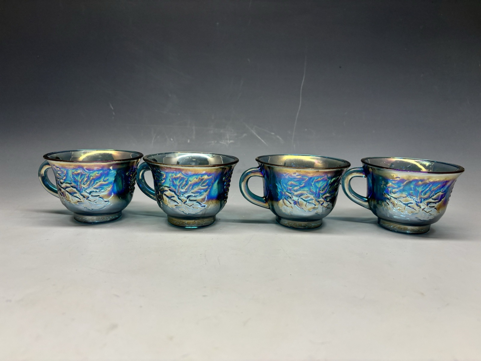 Set Of 8 Vintage Blue INDIANA Carnival Glass Punch Cups Grapevine Pattern