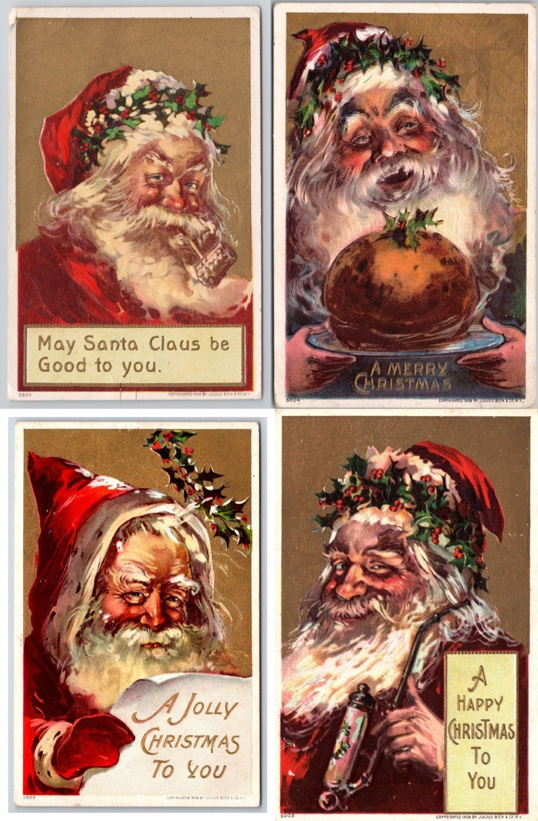 Lot of 4~Santa Claus w. Pipes~Pudding~Notes~1900\'s ~Antique  Christmas Postcards
